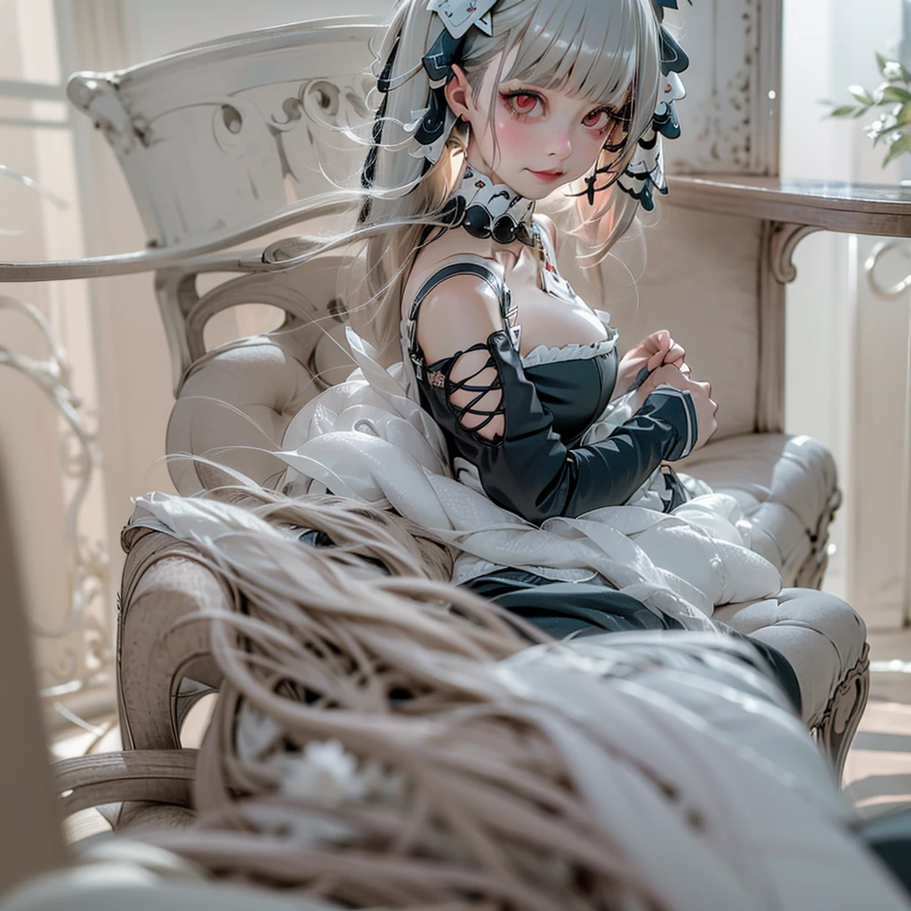 Azur lane , Azur lane Formidable , red eyes , gray hair , long hair , more sexy , sitting in chair , better foot , better eyes , bigger   , sunny outside , 