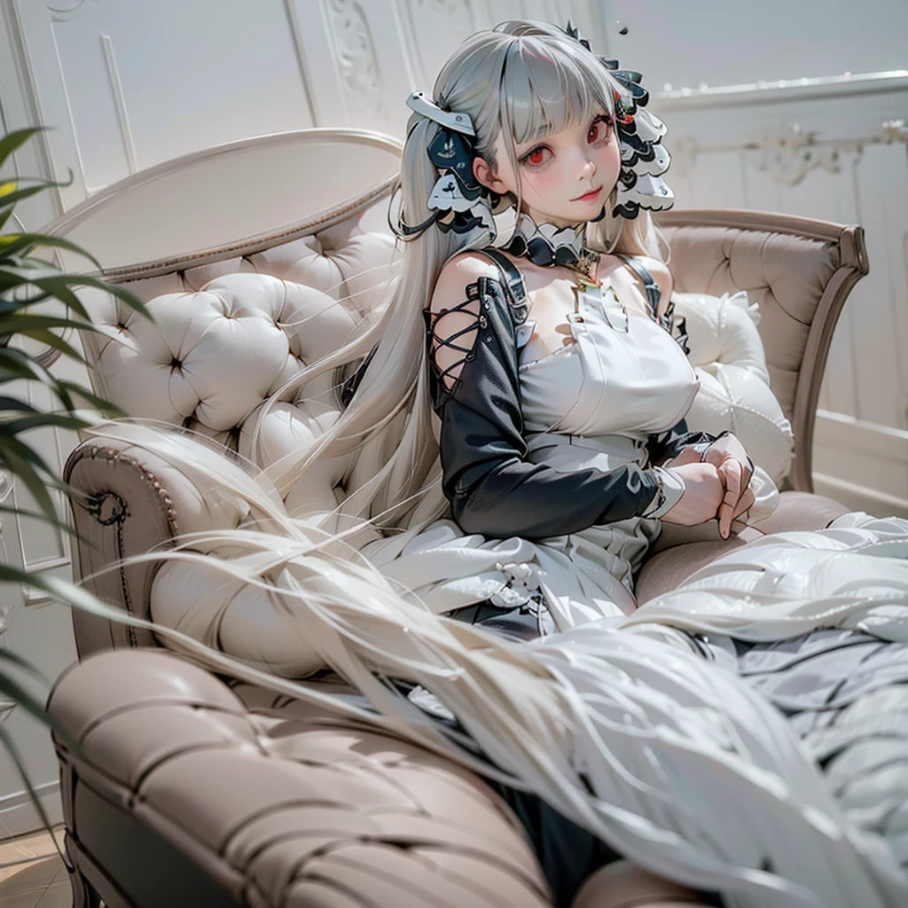 Azur lane , Azur lane Formidable , red eyes , gray hair , long hair , more sexy , sitting in chair , better foot , better eyes , bigger , sunny outside ,