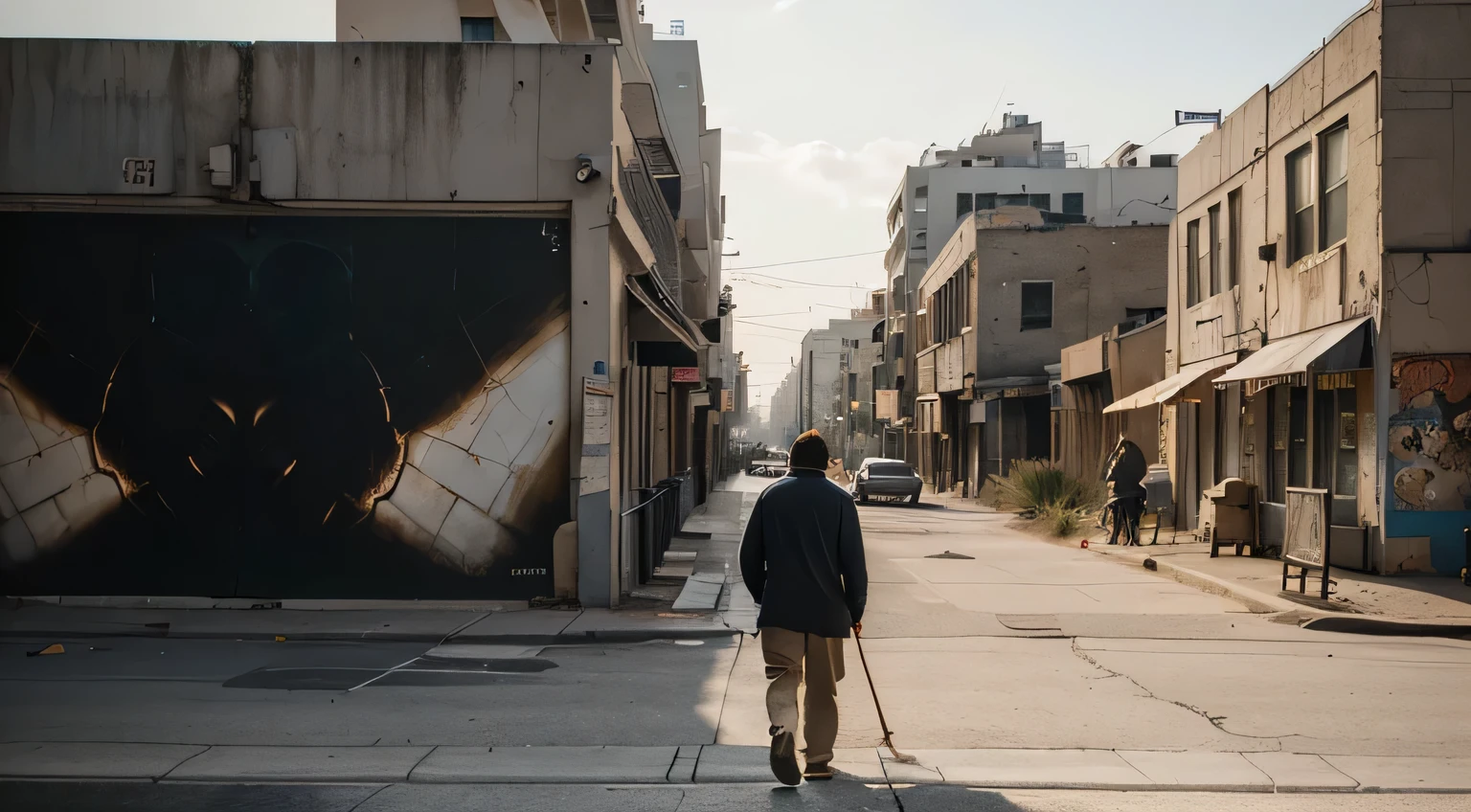 "A sad man passing by a deserted street in Hollywood, Los Angeles, with a mural (old wall) depicting torn hearts on an outdoor billboard. (best quality, highres), with ultra-detailed and realistic portrayal, showcasing the vibrant colors and bokeh effect. The mural is created with a mix of painting and illustration techniques, giving it an artistic touch. The street is empty, emphasizing the desolation and loneliness. The old wall showcases a weathered texture, adding character to the scene. The lighting is dramatic, casting long shadows on the wall and creating a sense of mystery. The overall color tone is somber, with a hint of melancholy. The old men walking past the mural is wearing casual attire, conveying a sense of solitude and contemplation. The mural acts as a visual representation of heartbreak and emotional vulnerability, setting a poignant tone for the artwork. The composition of the image is carefully framed to capture the essence of the deserted street and the emotional impact of the mural's imagery.