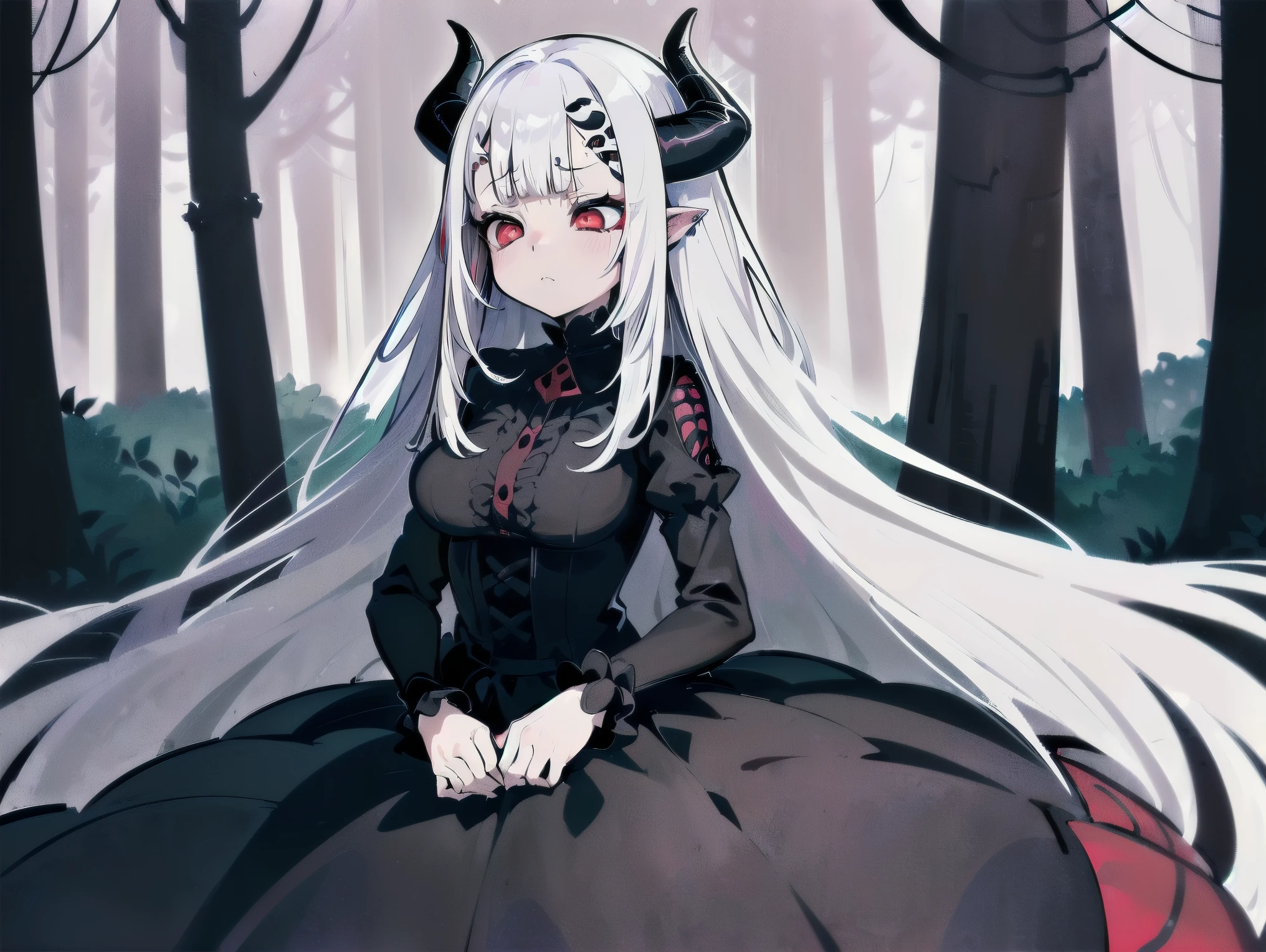 concept art, ((CG)), ((1girl spider)), ****ta, ((((long white hair)))), ((horns)), (((red eyes))), ((((6 eyes)))), ((spider body)), (((blunt bangs))), ((matted hair)), ((((sleepy)))), sloppy, ((best quality)), ( ((black dress))), ((artwork)), (detailed), perfect face, ((style novel)), beautiful cores, ((((anime_Colores)))), ((in the forest)) , (Alone)