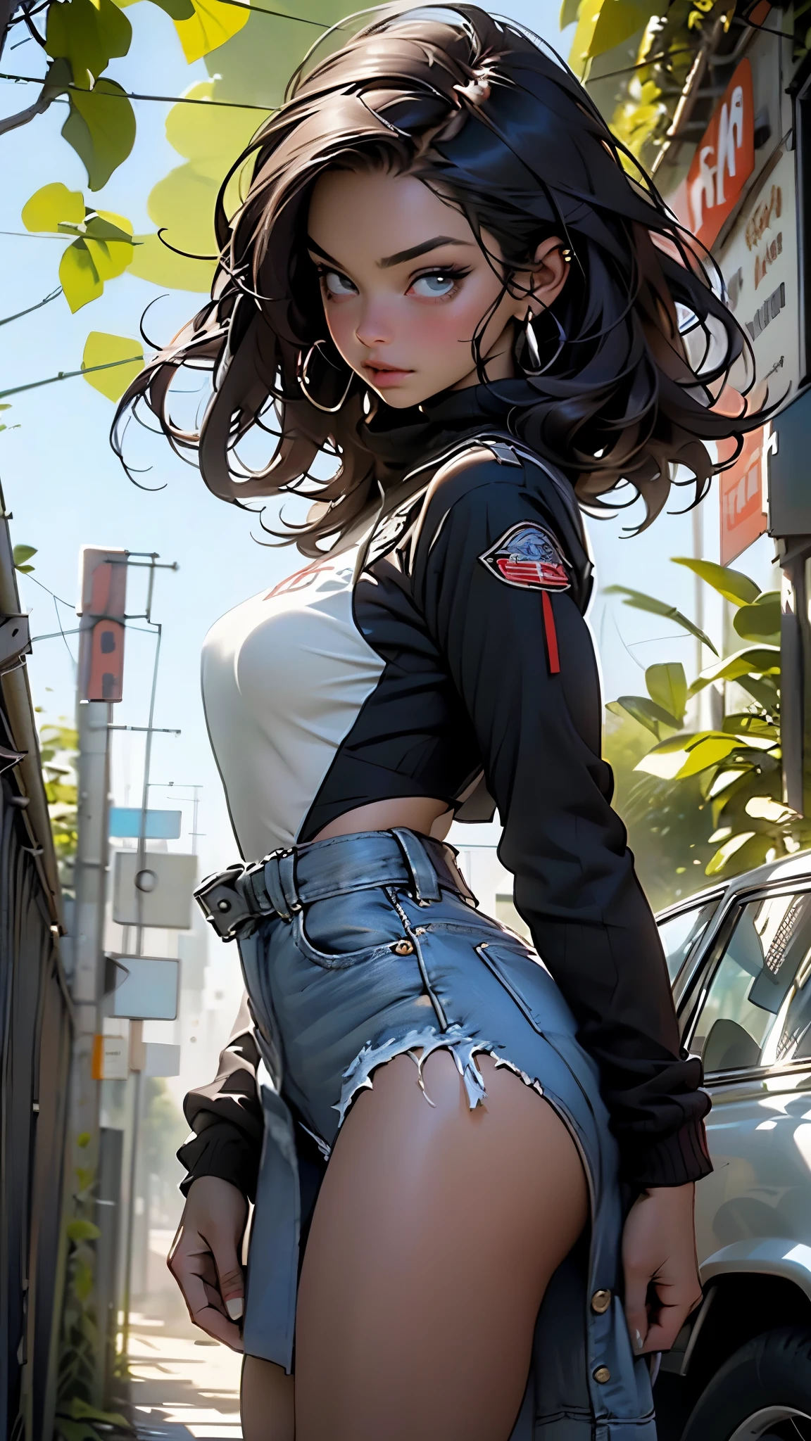 Vanellope as a sexy biker girl with a gas station on the background golden hour