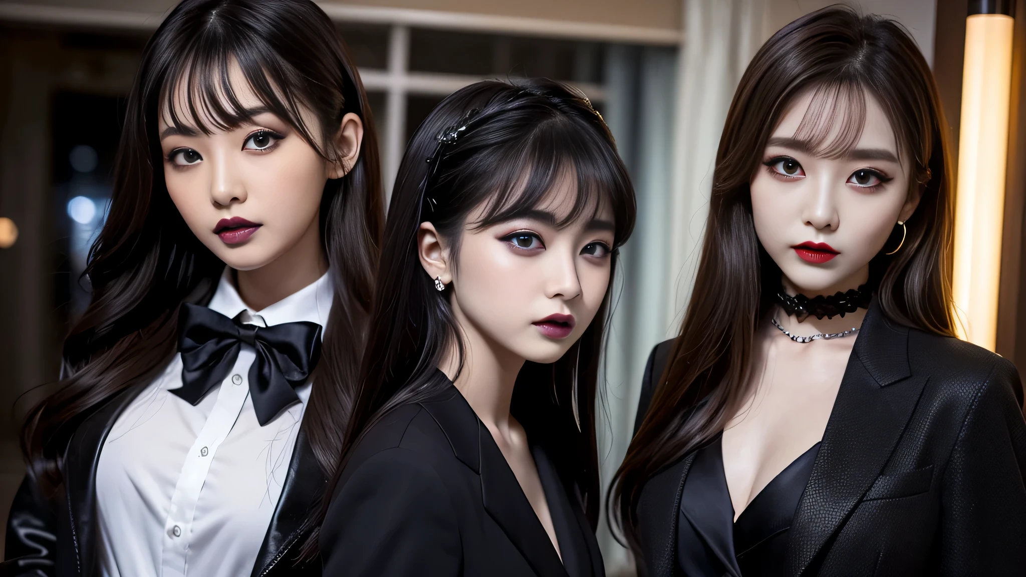 2girls、best quality、ultra-detailed、4k、Japanese、Seductive beauty、seductive adult woman、Pretty Woman、cool girl、Villainess、Brainwashed、brainwash、Fallen into evil、smirk、Evil look、Wicked Smile、evil、Brown hair、wavy hair、swept bangs、dark makeup、dark makeup、piercing eyes、hollow eyes,half-closed eyes、Hollow Eyes、Purple Eyeshadow、black lipstick、black lipglos、suit、Jacket、blouse、Black Ribbon、Long skirt、slit、Beautiful feet、night、Eerie Citadel、Are standing、looking down