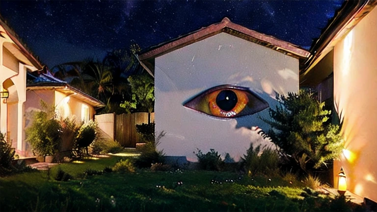 house on a hill at night, surrounded by eyes