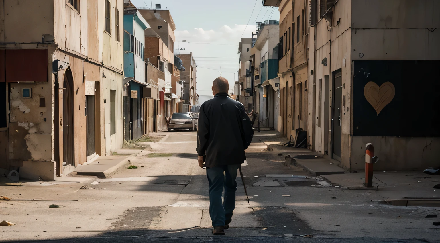 "A sad man passing by a deserted street in Boca, Buenos Aires, with a mural (old wall) depicting torn hearts on an outdoor billboard. (best quality, highres), with ultra-detailed and realistic portrayal, showcasing the vibrant colors and bokeh effect. The mural is created with a mix of painting and illustration techniques, giving it an artistic touch. The street is empty, emphasizing the desolation and loneliness. The old wall showcases a weathered texture, adding character to the scene. The lighting is dramatic, casting long shadows on the wall and creating a sense of mystery. The overall color tone is somber, with a hint of melancholy. The old men walking past the mural is wearing casual attire, conveying a sense of solitude and contemplation. The mural acts as a visual representation of heartbreak and emotional vulnerability, setting a poignant tone for the artwork. The composition of the image is carefully framed to capture the essence of the deserted street and the emotional impact of the mural's imagery.