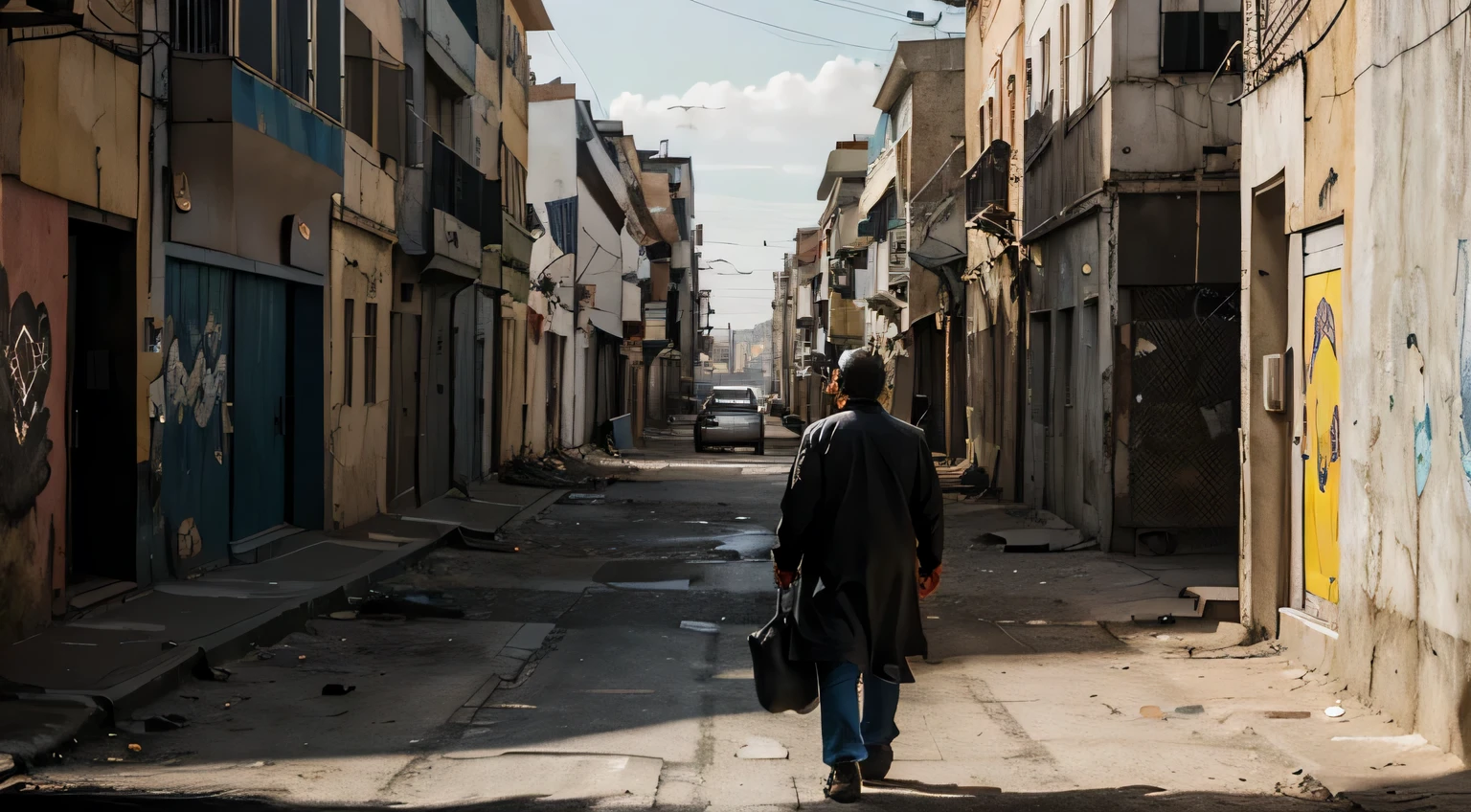 "A sad man passing by a deserted street in Beco do Batman, São Paulo, with a mural (old wall) depicting torn hearts on an outdoor billboard. (best quality, highres), with ultra-detailed and realistic portrayal, showcasing the vibrant colors and bokeh effect. The mural is created with a mix of painting and illustration techniques, giving it an artistic touch. The street is empty, emphasizing the desolation and loneliness. The old wall showcases a weathered texture, adding character to the scene. The lighting is dramatic, casting long shadows on the wall and creating a sense of mystery. The overall color tone is somber, with a hint of melancholy. The old men walking past the mural is wearing casual attire, conveying a sense of solitude and contemplation. The mural acts as a visual representation of heartbreak and emotional vulnerability, setting a poignant tone for the artwork. The composition of the image is carefully framed to capture the essence of the deserted street and the emotional impact of the mural's imagery.