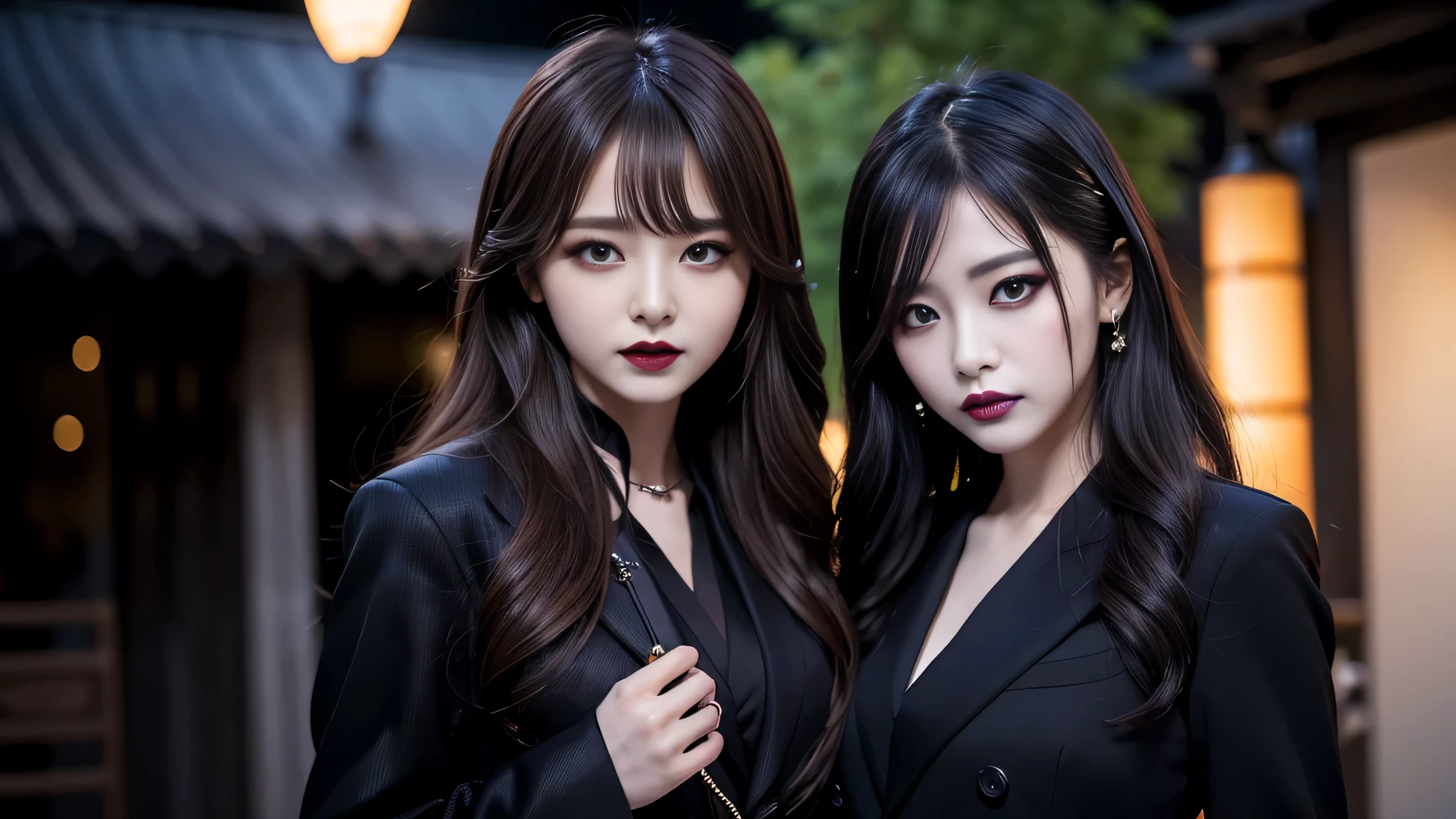 2girls、best quality、ultra-detailed、4k、Japanese、Seductive beauty、seductive adult woman、Pretty Woman、cool girl、Villainess、Brainwashed、brainwash、Fallen into evil、smirk、Evil look、Wicked Smile、evil、Brown hair、wavy hair、swept bangs、dark makeup、dark makeup、piercing eyes、hollow eyes,half-closed eyes、Hollow Eyes、Purple Eyeshadow、black lipstick、black lipglos、suit、Jacket、blouse、Black Ribbon、Long skirt、slit、Beautiful feet、night、Eerie Citadel、Are standing、looking down