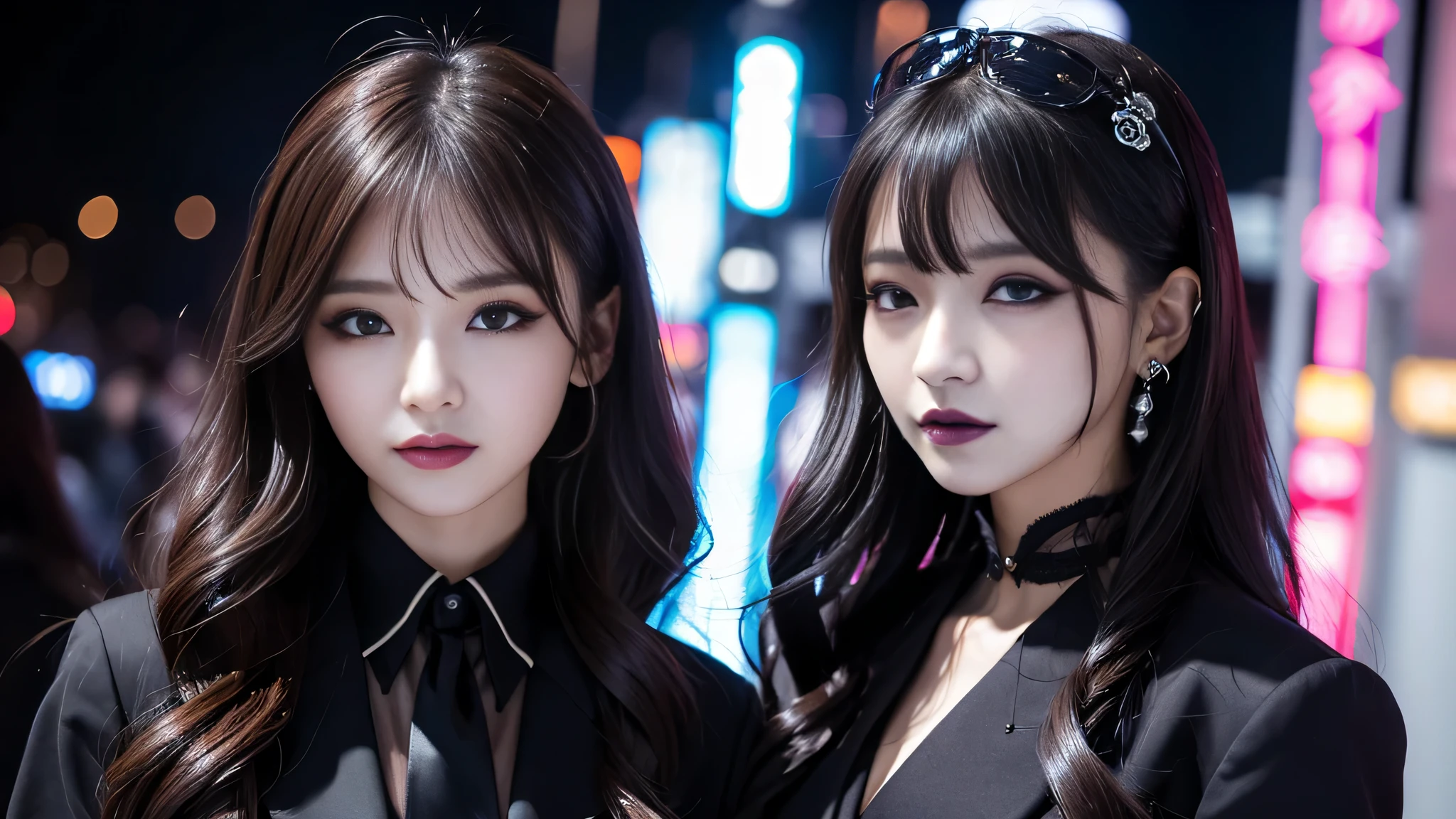 2girls、best quality、ultra-detailed、4k、Japanese、Seductive beauty、seductive adult woman、Pretty Woman、cool girl、Villainess、Brainwashed、brainwash、Fallen into evil、smirk、Evil look、Wicked Smile、evil、Brown hair、wavy hair、swept bangs、dark makeup、dark makeup、piercing eyes、hollow eyes,half-closed eyes、Hollow Eyes、Purple Eyeshadow、black lipstick、black lipglos、suit、Jacket、blouse、Black Ribbon、Long skirt、slit、Beautiful feet、night、Eerie Citadel、Are standing、looking down