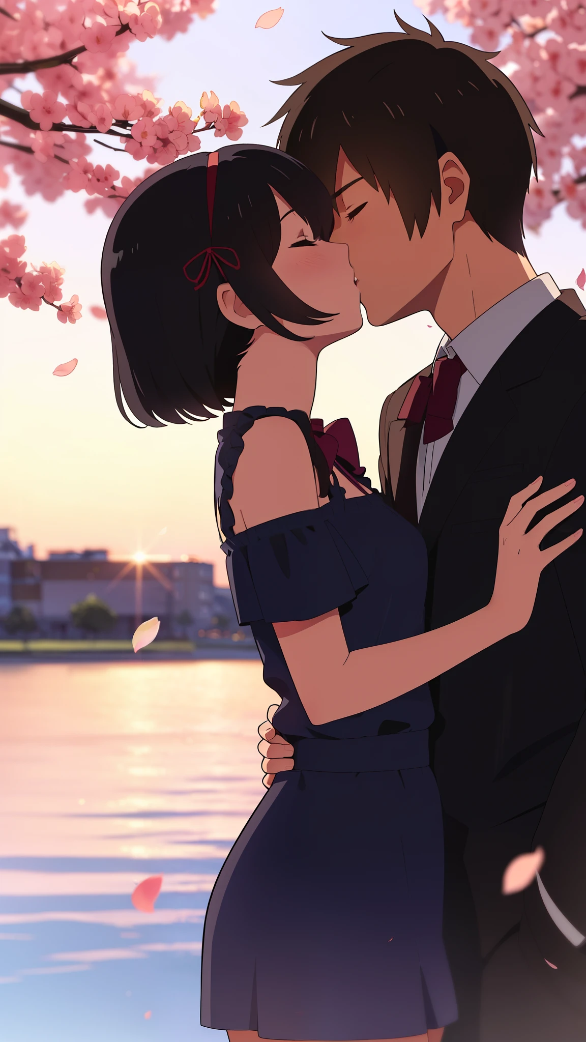 shinkai makoto, kimi no na wa., 1girl, 1boy, bangs, black hair, blush, (boy wear casual clothes), ((girl wear casual clothes, dress, short dress, bare shoulders, skirt), red headband, red bow, red ribbon), short hair, cute, love, couple, adorable, dating, (((kiss, deep kiss))), closed eyes, passionate hug, cherry_blossoms, falling_petals, petals, branch, pink_flower, sunset, sunlight, evening, sky, spring_season, tree, upper body