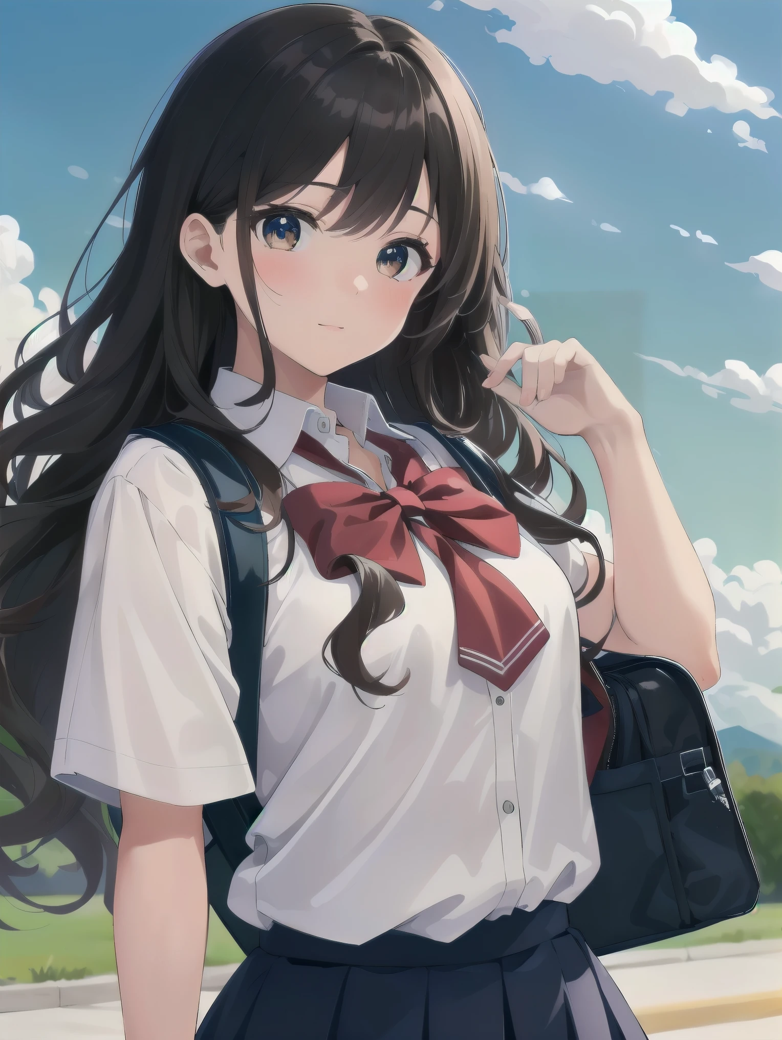Masterpiece, top quality, super detailed, 16k,
One girl, spring, high school, warm colors, school bag, accurate and highly detailed background, flock of schoolgirls in uniforms of various body shapes and hairstyles, cute.
Blake.

A beautiful girl with wavy crimson hair. she is very well developed