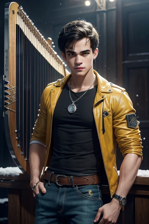 Alberto Rosende 20-year-old boy with open brown jacket, blue t-shirt with snow print, short black hair, punk style, yellow locks, black jeans, green eyes, black leather belt, silver buckle, slim muscular build, cross medallion, silver bracelet, looking straight at the viewer, holding a harp