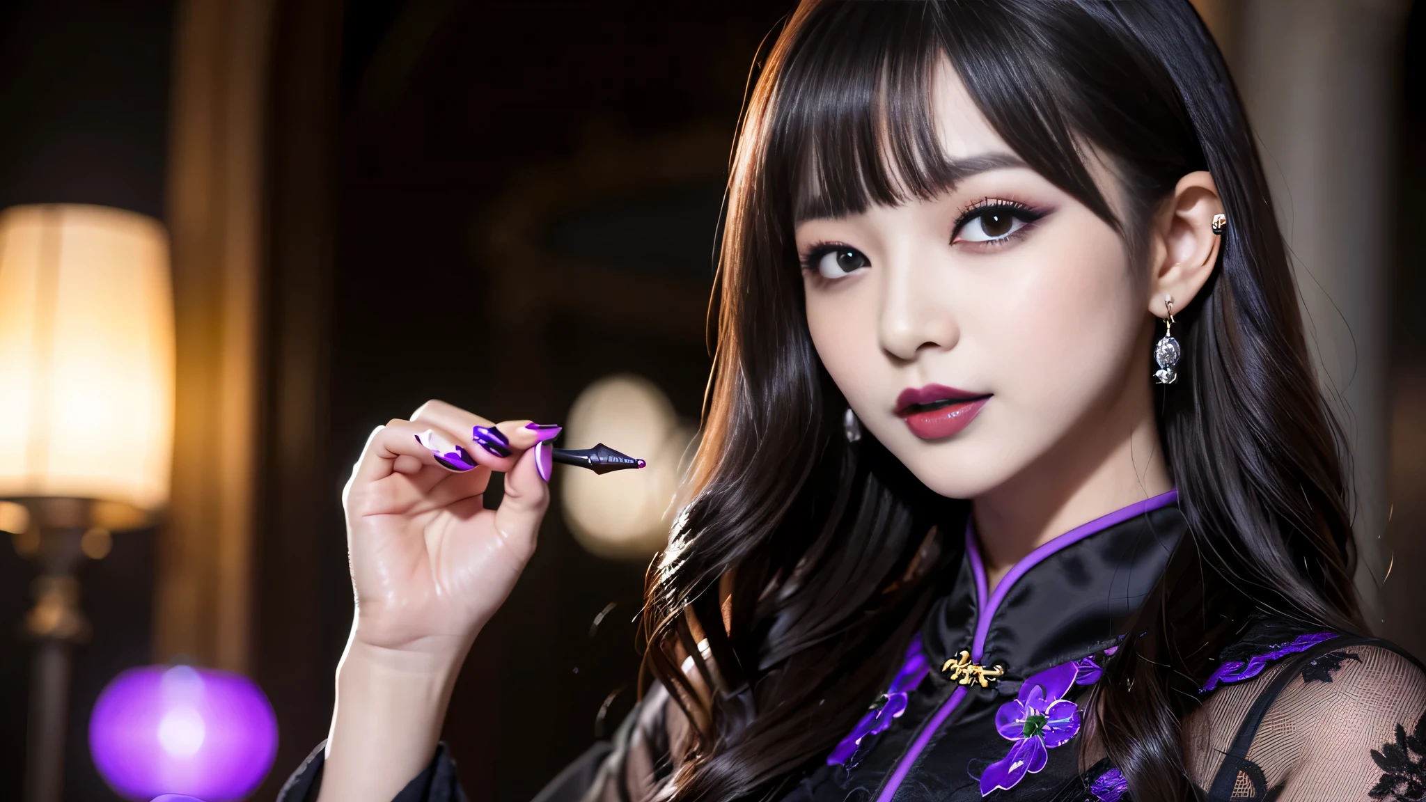 best quality、ultra-detailed、4k、Japanese、Seductive beauty、seductive adult woman、Pretty Woman、cool girl、Villainess、Brainwashed、brainwash、Fallen into evil、smirk、Evil look、Wicked Smile、evil、Brown hair、wavy hair、swept bangs、dark makeup、dark makeup、piercing eyes、hollow eyes,half-closed eyes、Hollow Eyes、Purple Eyeshadow、black lipstick、black lipglos、Long Black Cheongsam、Wide sleeves、night、inside church、Applying lipstick
