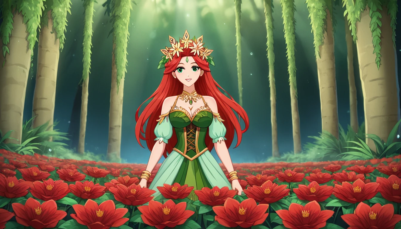 The image portrays a young woman with striking red hair, adorned with a crown of vibrant red flowers and lush green leaves. Her eyes, a captivating shade of green, seem to sparkle with a hint of mischief. She is dressed in a green top that complements the floral crown, adding to the overall harmony of the scene. The background is a lush tapestry of greenery, with various plants and flowers that blend seamlessly with her attire and the floral crown. The image exudes a sense of tranquility and natural beauty, as if the woman is a living embodiment of the forest's enchantment.