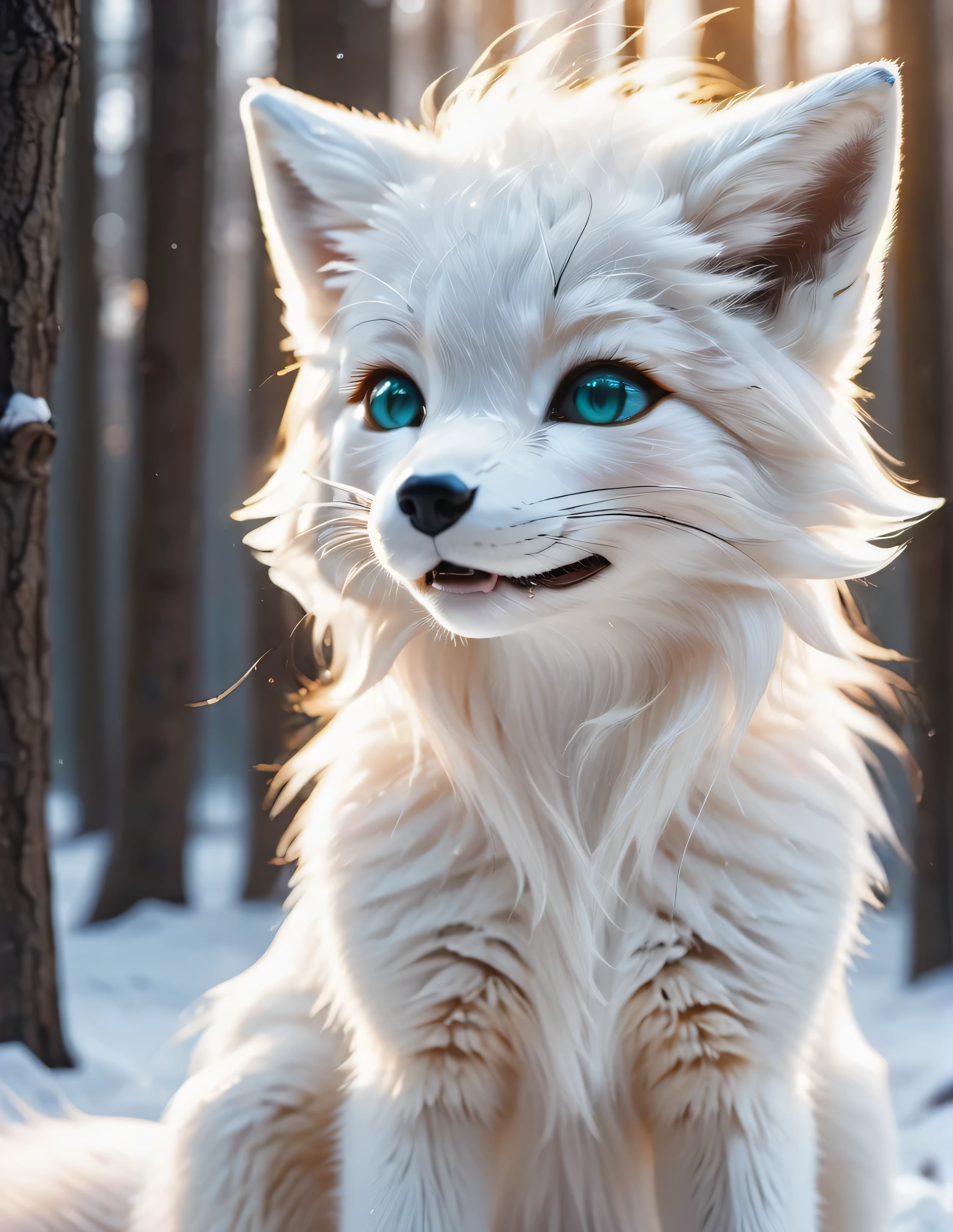 wildlife photography, high contrast, award winning photography, ultra realistic,very detailed,
movement pose, side view, triumphant, 
happy, detailed open mouth, 
female furry, anthro, mistikal creature, white fur, glossy fur, (glossy eyes), highly_detailed_face, symmetrical_eyes, thick thighs, 
((detailed white fox face)), ((furry legs)), furry chest, nude, teal eyes, 
wind, (crystal:0.5), 
long dense white hair, white mane, ((wild dense white hair)),
fluffy chest,  young, looking at viewer, cute-fine-face, (chibi:0.5),
detailed and fluffy body fur, fangs, claws, (furry crotch:0.5)
uploaded on e621, by castitas, by loimu, by hioshiru, 
fog, god-rays,
front light, sunlight, winter meadow, (winter forest:0.5), volumetric lighting, snowing,
cinematic composition, cinematic lighting, stunningly beautiful, golden hour,
concept art, highly detailed, 
(masterpiece), best quality, realistic, (intricate:0.9), (high detail:1.4), film photography, sharp focus,