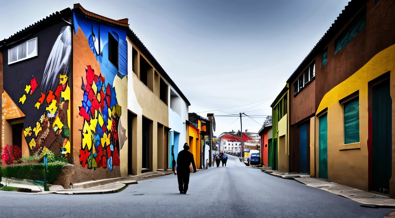 "A sad man passing by a deserted street in Beco do Batman, São Paulo, with a mural (old wall) depicting torn hearts on an outdoor billboard. (best quality, highres), with ultra-detailed and realistic portrayal, showcasing the vibrant colors and bokeh effect. The mural is created with a mix of painting and illustration techniques, giving it an artistic touch. The street is empty, emphasizing the desolation and loneliness. The old wall showcases a weathered texture, adding character to the scene. The lighting is dramatic, casting long shadows on the wall and creating a sense of mystery. The overall color tone is somber, with a hint of melancholy. The old men walking past the mural is wearing casual attire, conveying a sense of solitude and contemplation. The mural acts as a visual representation of heartbreak and emotional vulnerability, setting a poignant tone for the artwork. The composition of the image is carefully framed to capture the essence of the deserted street and the emotional impact of the mural's imagery.