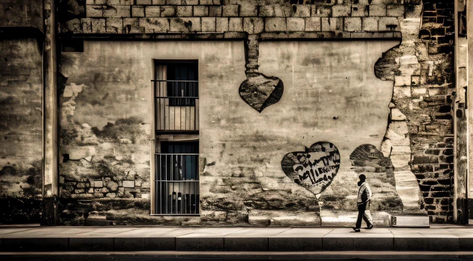 "A sad man passing by a deserted street in Estácio, Rio de Janeiro, with a mural (old wall) depicting torn hearts on an outdoor billboard. (best quality, highres), with ultra-detailed and realistic portrayal, showcasing the vibrant colors and bokeh effect. The mural is created with a mix of painting and illustration techniques, giving it an artistic touch. The street is empty, emphasizing the desolation and loneliness. The old wall showcases a weathered texture, adding character to the scene. The lighting is dramatic, casting long shadows on the wall and creating a sense of mystery. The overall color tone is somber, with a hint of melancholy. The old men walking past the mural is wearing casual attire, conveying a sense of solitude and contemplation. The mural acts as a visual representation of heartbreak and emotional vulnerability, setting a poignant tone for the artwork. The composition of the image is carefully framed to capture the essence of the deserted street and the emotional impact of the mural's imagery.