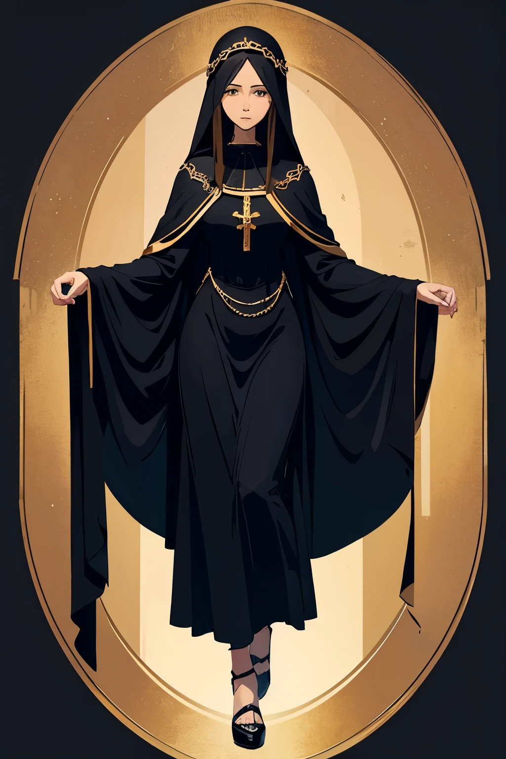 Creates Mary mother of Jesus with many details best quality black costumes full body dark colors