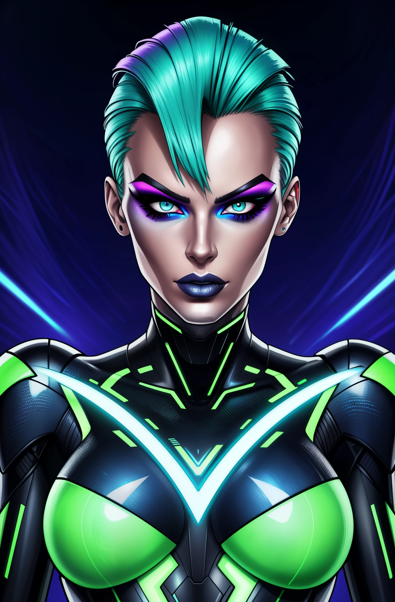 Kari Wurher, sleek futuristic outfit, sci-fi, portrait, (best quality, highres:1.2), vibrant colors, dynamic lighting, glowing effects, metallic texture, detailed face, fierce expression, confident pose, angular lines, trendy hairstyle, striking makeup.