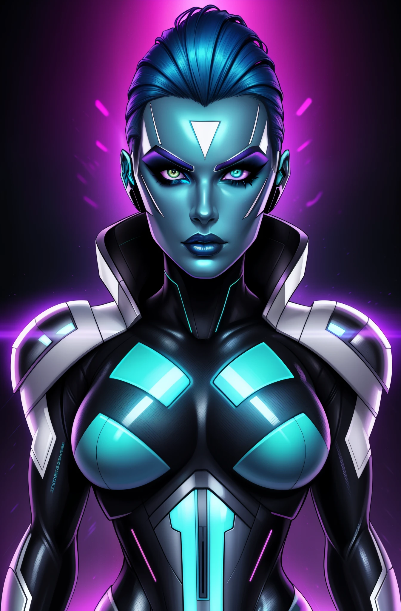 Kari Wurher, sleek futuristic outfit, sci-fi, portrait, (best quality, highres:1.2), vibrant colors, dynamic lighting, glowing effects, metallic texture, detailed face, expression, confident pose, angular lines, trendy hairstyle, striking makeup.