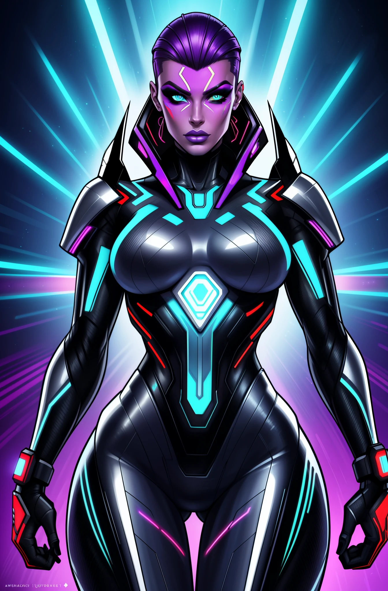 Kari Wurher, sleek futuristic outfit, sci-fi, portrait, (best quality, highres:1.2), vibrant colors, dynamic lighting, glowing effects, metallic texture, detailed face, fierce expression, confident pose, angular lines, trendy hairstyle, striking makeup.