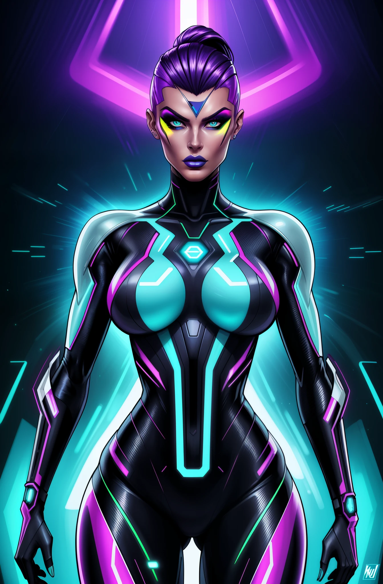 Kari Wurher, sleek futuristic outfit, sci-fi, portrait, (best quality, highres:1.2), vibrant colors, dynamic lighting, glowing effects, metallic texture, detailed face, fierce expression, confident pose, angular lines, trendy hairstyle, striking makeup.