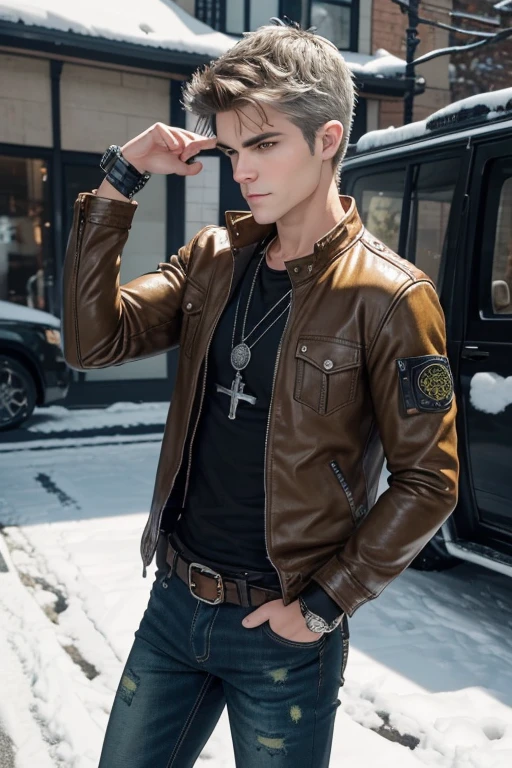 Paul Wesley 20-year-old boy with open brown jacket, blue t-shirt with snow print, short black hair, punk style, yellow locks, black jeans, green eyes, black leather belt, silver buckle, slim muscular build, cross medallion, silver bracelet, looking straight at the viewer, holding a harp