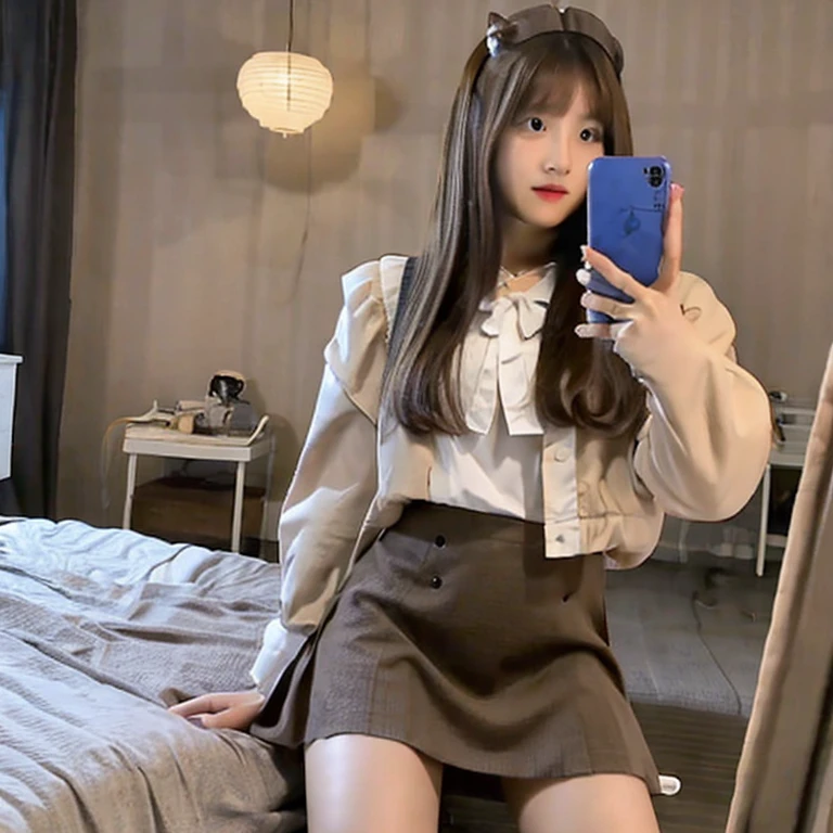 Woman taking a selfie in bedroom, 20-year-old, A woman reflected in the frame of a large full-length mirror, Japanese, Brown medium length hair with bangs, Selfie, Realistic photos, A woman wearing a maid outfit with a large open chest, One smartphone pointed at a mirror, A cute girl like an idol, Perfect figure, Beautiful Faces,mini skirt, Plump thighs