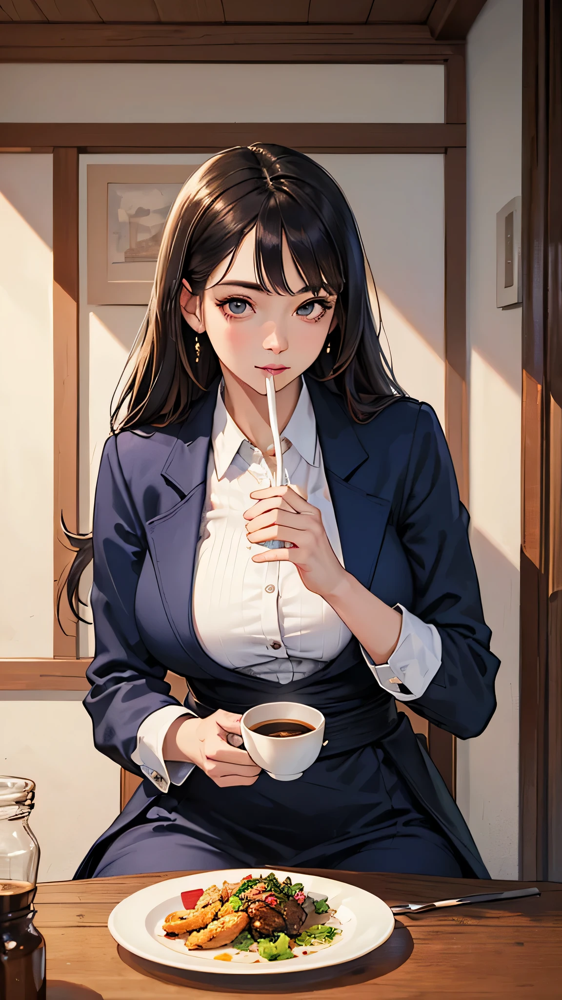 (raw photo:1.2),((photorealistic:1.4))best quality ,masterpiece, illustration, an extremely delicate and beautiful, extremely detailed ,unity ,8k wallpaper, Amazing, finely detail, masterpiece,best quality,official art,extremely detailed CG unity 8k wallpaper,absurdres, incredibly absurdres, huge filesize, ultra-detailed, highres, extremely detailed,beautiful detailed girl, extremely detailed eyes and face, beautiful detailed eyes,light on face,cinematic lighting,Masterpiece, high quality, 4K, beautiful design, shiny, from the front, award winning photo, extremely detailed, highly detailed woman, extremely detailed eyes and face,
Upper body shot,
upscale restaurant, sitting at a table, delicious dishes, coffee, coffee mug, coffee in hand to mouth,beautiful light.meal,eat,eating,eculation
edghanfu tiny waist,pencil_dress, a woman wearing a blue pencil_dress and a white blazer,