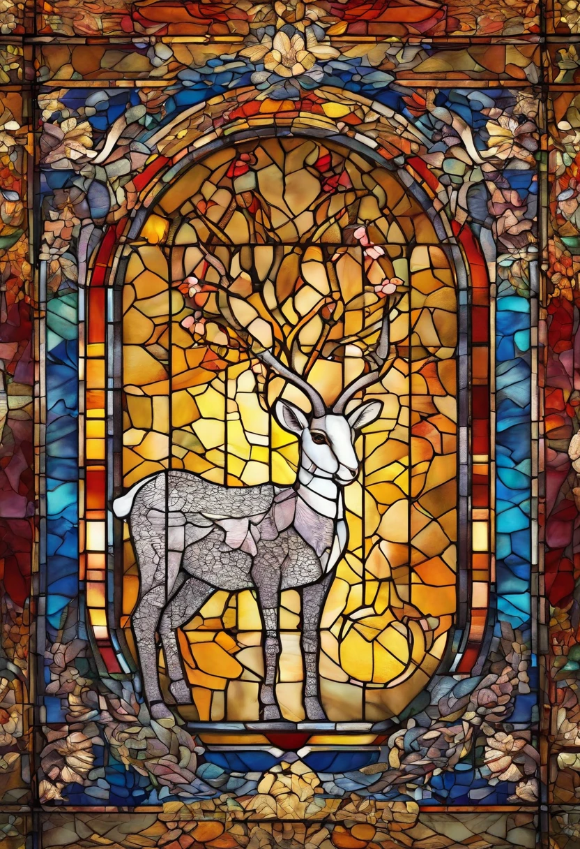 (best quality,4k,8k,highres,masterpiece:1.2),ultra-detailed,(realistic,photorealistic,photo-realistic:1.37),Stained glass window of a hornless lamb, lying on its right side with scratches on different parts of its body and bleeding from its wounds. A crown of thorns can be seen on his left side. Well-defined, multicolored patterns; opacity at the ends, clarity at the center, luminous colors, vibrant tones, fine details, glass texture, light shining through the window, divine atmosphere, shadows and reflections, artistic interpretation, stained glass art, richly detailed design, impact dazzling visual, traditional craftsmanship, meticulous craftsmanship, fascinating patterns, translucent beauty, varied color palette, illuminated artworks, serene atmosphere, ethereal glow, subtle gradations, brilliant luminosity, transcendent aura, intricate motifs, captivating art, divine light, tranquility relaxing, elegant contours, dynamic composition, harmonious balance, emotional depth, symbolic representation, impressive spectacle, peaceful contemplation.