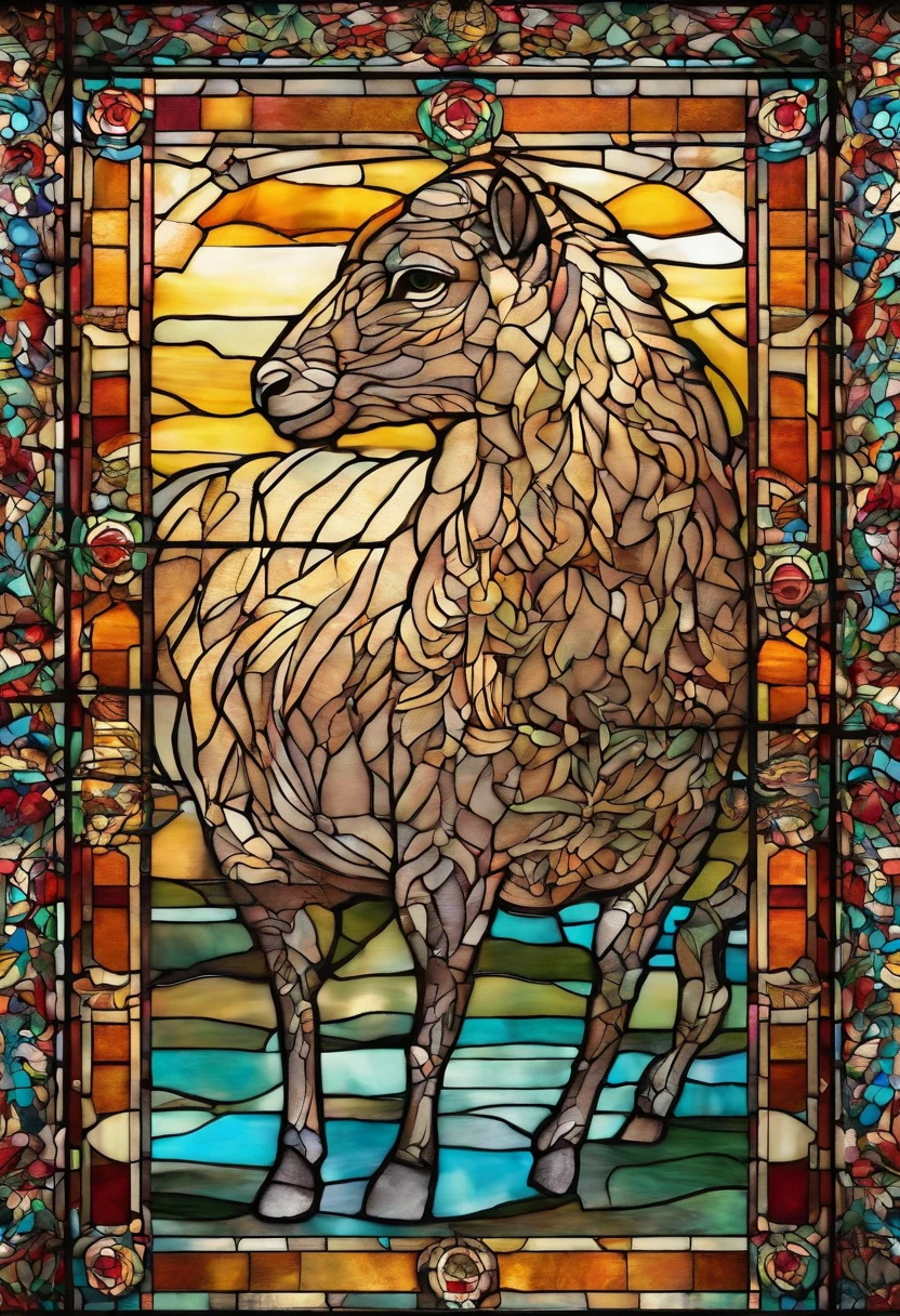 (best quality,4k,8k,highres,masterpiece:1.2),ultra-detailed,(realistic,photorealistic,photo-realistic:1.37),Stained glass window of a hornless lamb, lying on its right side with scratches on different parts of its body and bleeding from its wounds. A crown of thorns can be seen on his left side. Well-defined, multicolored patterns; opacity at the ends, clarity at the center, luminous colors, vibrant tones, fine details, glass texture, light shining through the window, divine atmosphere, shadows and reflections, artistic interpretation, stained glass art, richly detailed design, impact dazzling visual, traditional craftsmanship, meticulous craftsmanship, fascinating patterns, translucent beauty, varied color palette, illuminated artworks, serene atmosphere, ethereal glow, subtle gradations, brilliant luminosity, transcendent aura, intricate motifs, captivating art, divine light, tranquility relaxing, elegant contours, dynamic composition, harmonious balance, emotional depth, symbolic representation, impressive spectacle, peaceful contemplation.
