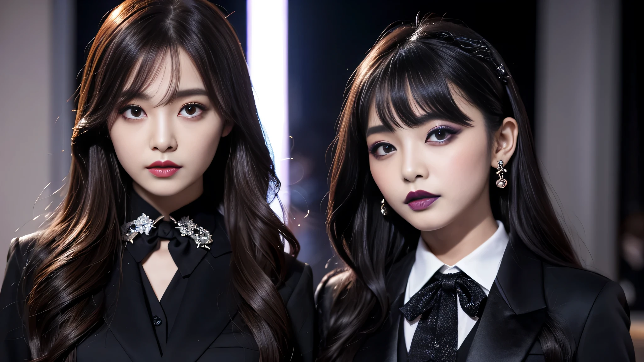 2girls、best quality、ultra-detailed、4k、Japanese、Seductive beauty、seductive adult woman、Pretty Woman、cool girl、Villainess、Brainwashed、brainwash、Fallen into evil、smirk、Evil look、Wicked Smile、evil、Brown hair、wavy hair、swept bangs、dark makeup、dark makeup、piercing eyes、hollow eyes,half-closed eyes、Hollow Eyes、Purple Eyeshadow、black lipstick、black lipglos、suit、Jacket、blouse、Black Ribbon、skirt、slit、Beautiful feet、Put your hands behind your back、night、Eerie Citadel、Are standing、