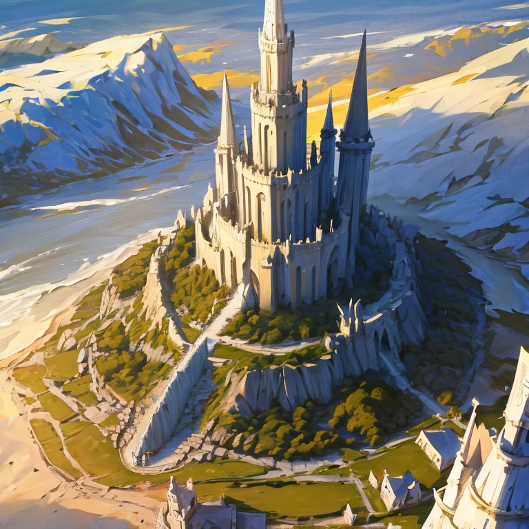 Minas Tirith Inspired Ciy, Ringed city, Three Ringed city, City shaped like three rings, medieval, White, On the hill, View from above, Three Sections, Fantasy