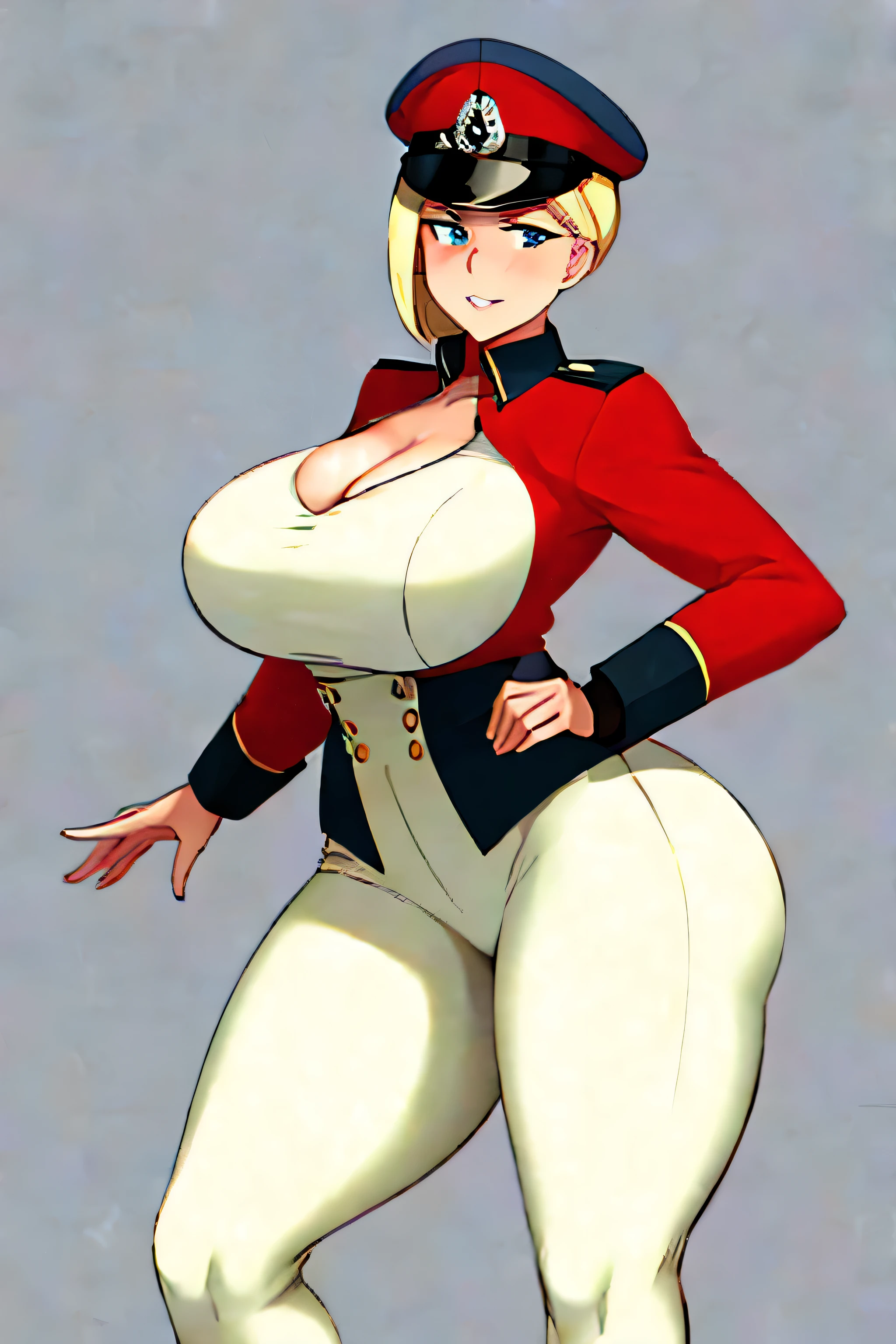 A thick German female officer wearing a sexy uniform from 1940s in a very sexy pose. Give her hat a skull.