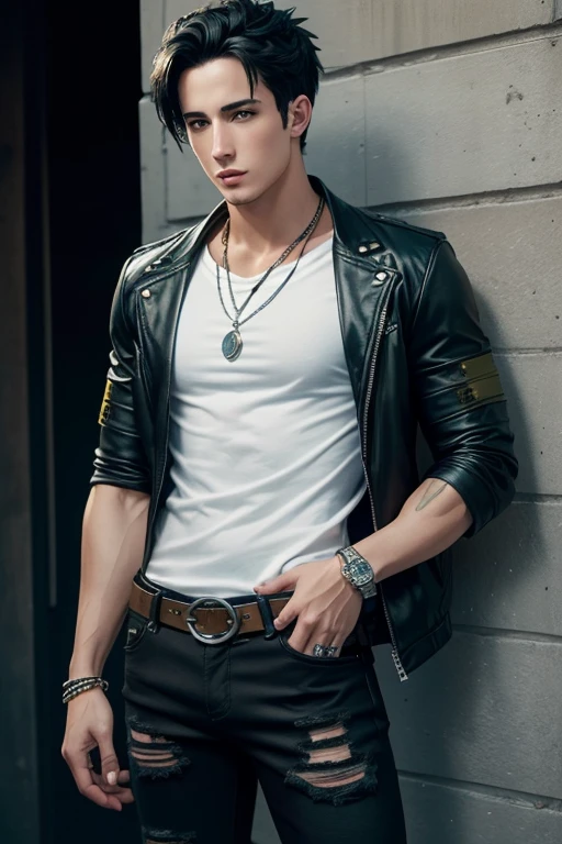 Michael Trevino 20 year old boy with open black jacket blue t-shirt with snow print short black hair punk style yellow locks black jeans green eyes black leather belt silver buckle muscular build slim cross medallion silver bracelet looking straight at viewer holding a harp