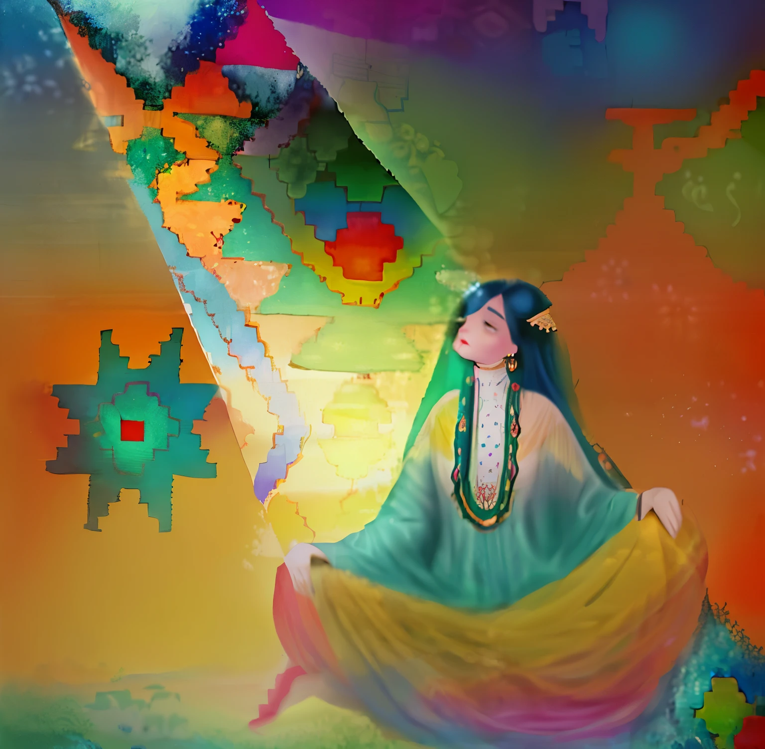 a painting of a woman sitting on a colorful rug with a bright light coming from her eyes, persian folkore artstyle, persian folkore illustration, persian folktale artstyle, persian folklore illustration, by Maryam Hashemi, by Lubna Agha, inspired by Abdur Rahman Chughtai, persian folktale art style, folkloric illustration
