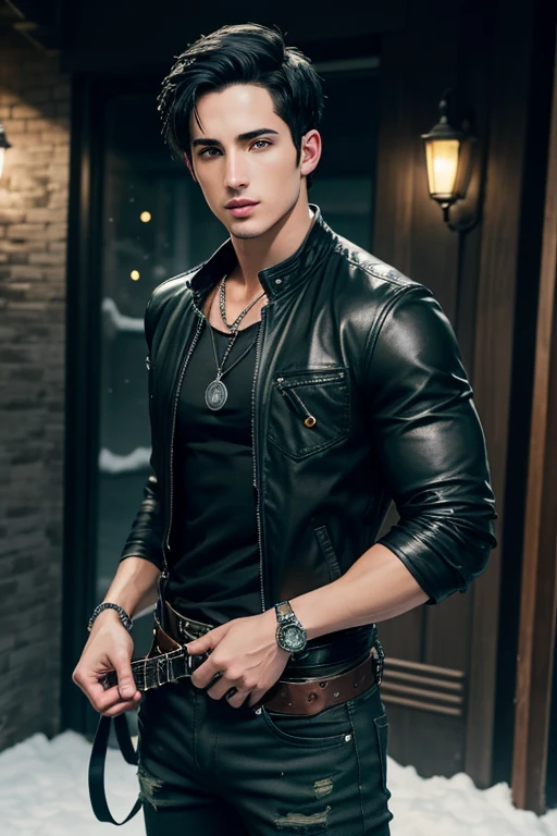 Michael Trevino 20 year old boy with open black jacket blue t-shirt with snow print short black hair punk style yellow locks black jeans green eyes black leather belt silver buckle muscular build slim cross medallion silver bracelet looking straight at viewer holding a harp
