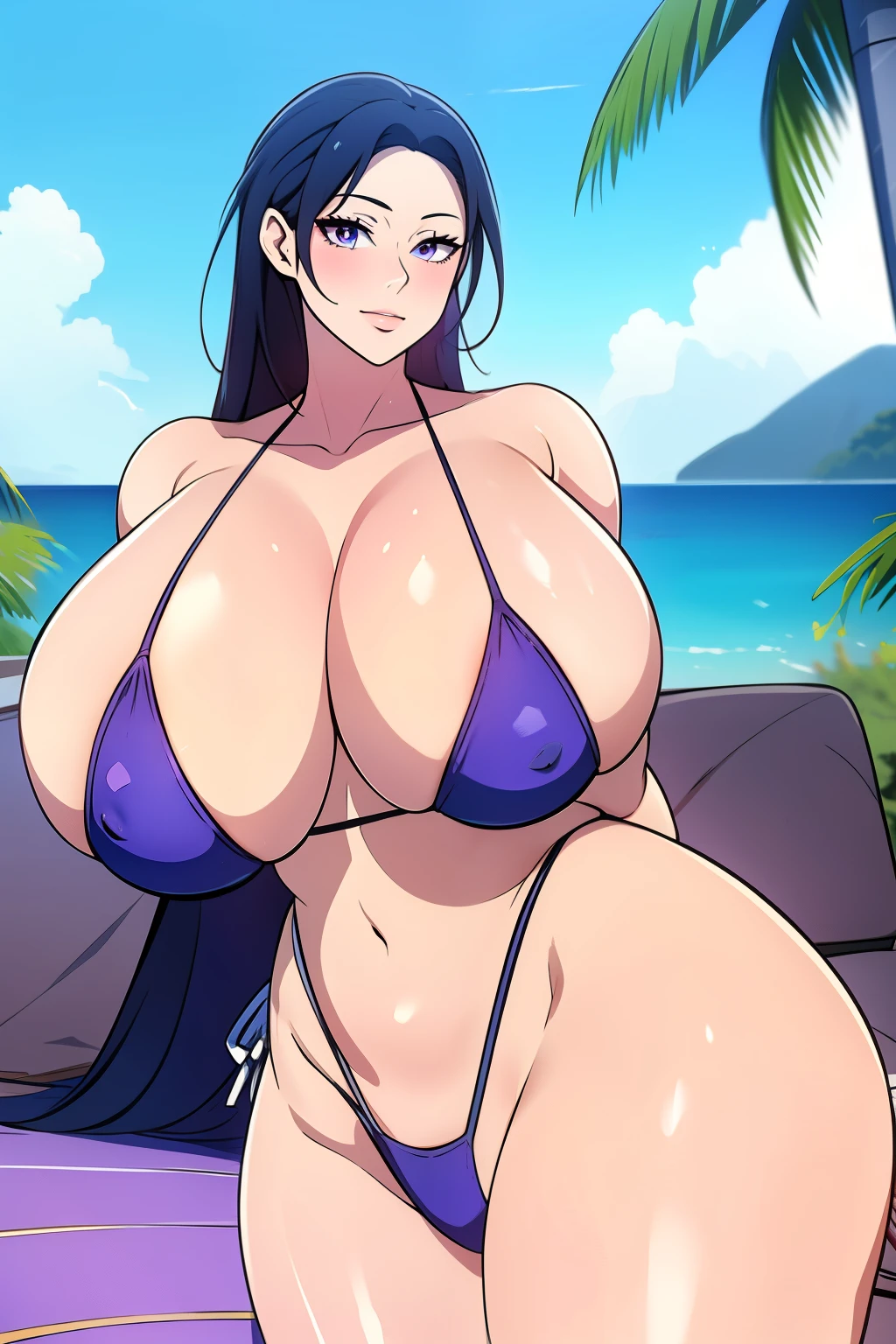 An anime-style artwork depicting Akiyama_Rinko from the game taimanin.

Tags: Akiyama_Rinko, anime, detailed eyes, detailed lips, ass,Akiyama_Rinko_\(Taimanin\), blue hair, purple eyes, (micro bikini : 1.4), long hair, solo, huge breasts,  (violet eyes), smiling expression, intense gaze, dynamic pose, outdoor, pool, (lying on sun lounger),vibrant colors, digital art, high-resolution, professional quality, gigantic breasts, curvy, cowboy shot, (gigantic breasts: 1.4),