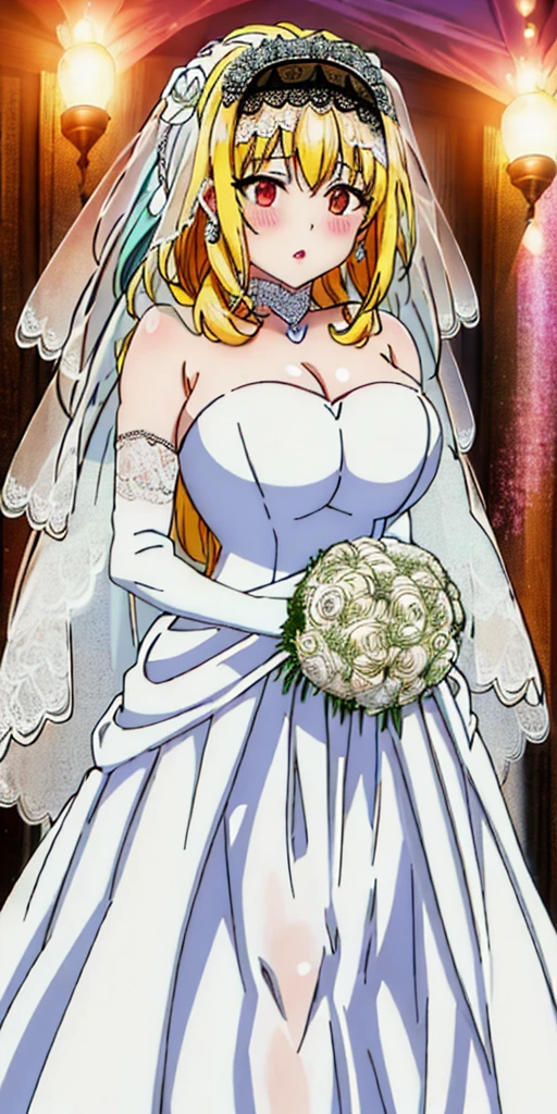Roxanne blonde dog ears, Close-up of beautiful bride wearing beautiful wedding dress, Gurwitz, (bridal veil:1.5), (Transparent short veil:1.5), Blushing face, head flower, headgear, (tube top wedding dress: 1.5), (Silk dress: 1.2) (Strapless wedding dress: 1.5) pure white dress, necklace, earrings, (large breasts:1.3), Deep V peach heart collar wedding dress, bangs, lipstick, (lace gloves: 1.3), whole body, high detail RAW color art, Long white dress, whole body, place your hands behind your back