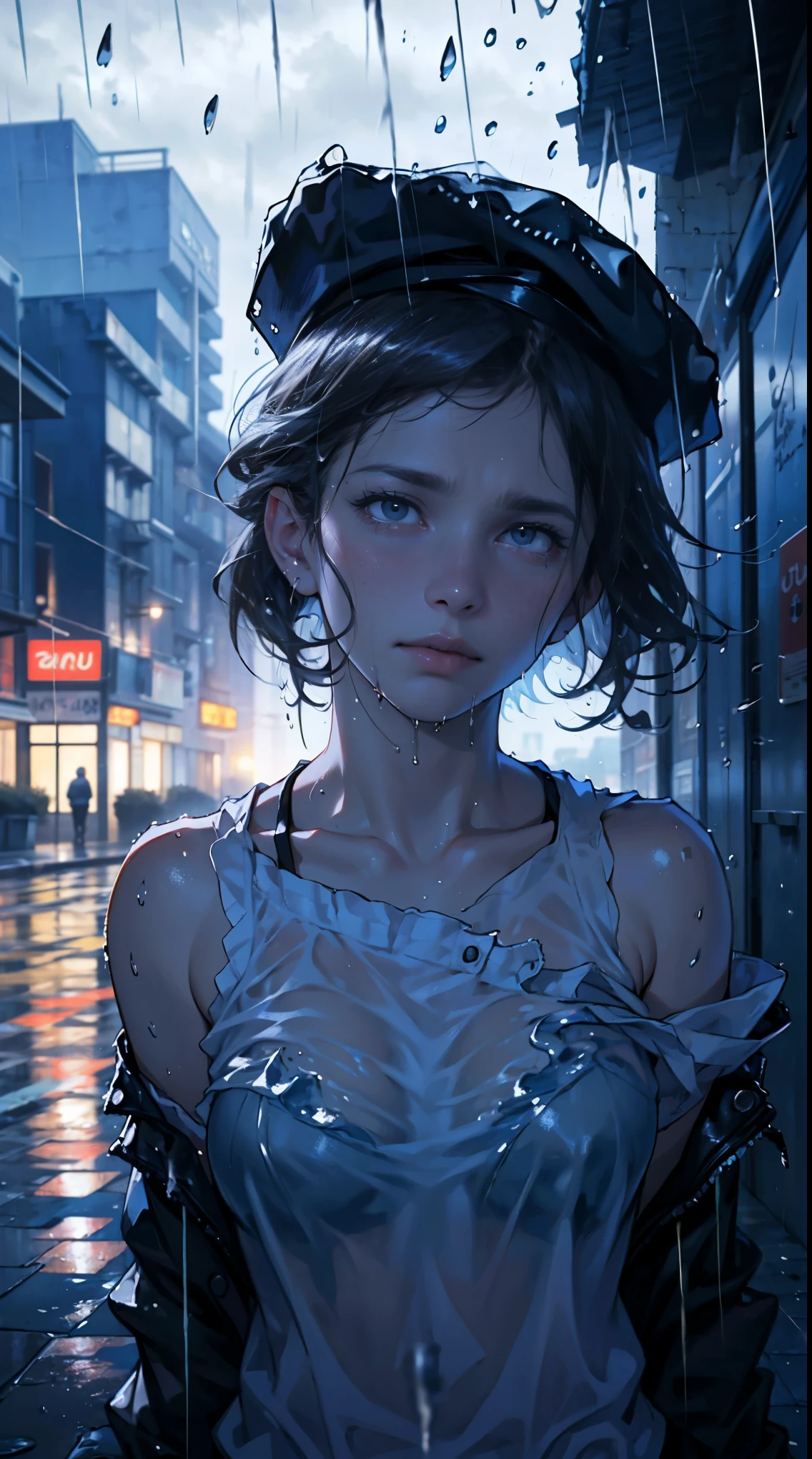 ( best quality,4k,8k,highres,masterpiece:1.2),ultra-detailed,(realistic,photorealistic,photo-realistic:1.37),rainy scene,stressed,outdoor,gloomy atmosphere,realistic droplets on the face,drenched clothes,dark colors,despair,desolation,loneliness,lost in thoughts,emotional,wet street,running mascara on his face,tears streaming down his cheeks,hat soaked with rain,water dripping from his hair,hunched shoulders,visible sadness,pouring rain,thunderstorm,tempestuous weather,misery,deep sorrow,heartache,negative emotions,despairing expression,cold and wet,paleness,heavy rain falling,wet pavement,teardrops falling rapidly,solitude,devastation.
