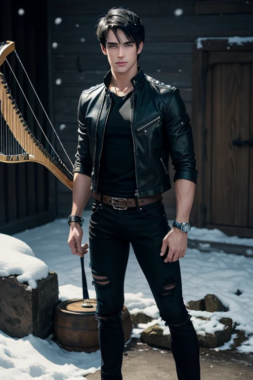 Steven R. McQueen 20 year old boy with open black jacket blue t-shirt with snow print short black hair punk style yellow locks black jeans green eyes black leather belt silver buckle muscular build slim cross medallion silver bracelet looking straight at viewer holding a harp