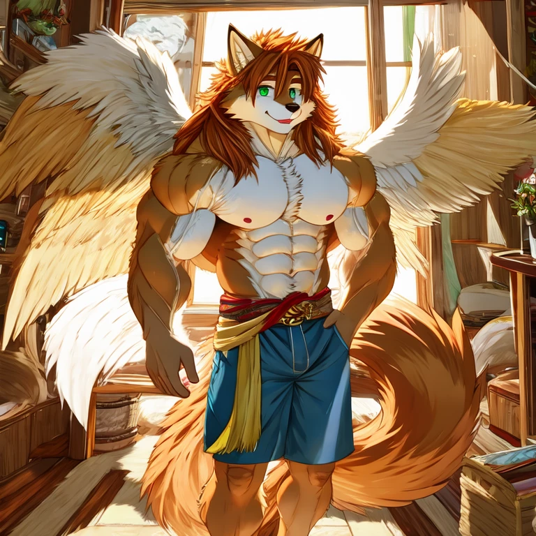 Wolf boy warrior, in trouser, body covered with ginger fur, Furry style,sexual,horny,very muscular wild ,full height,veiny massive muscles, very long ginger hair,freckles on the body and face,green eyes,defined muscles,sharp focus, young , friendly,Angel wings, stands high