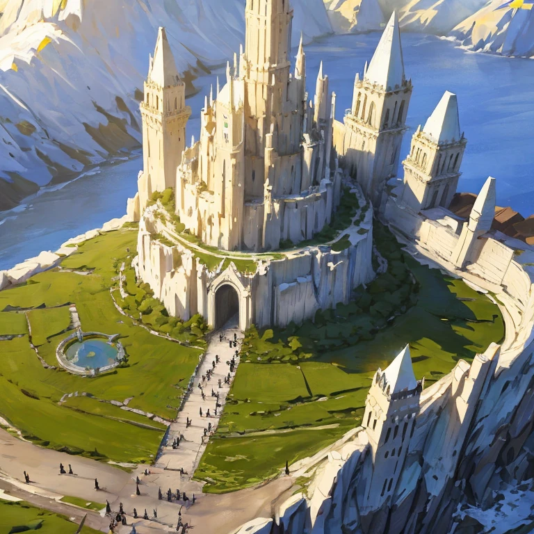 Minas Tirith Inspired Ciy, Ringed city, Three Ringed city, City shaped like three rings, medieval, White, On the hill, View from above, Three Sections, Fantasy