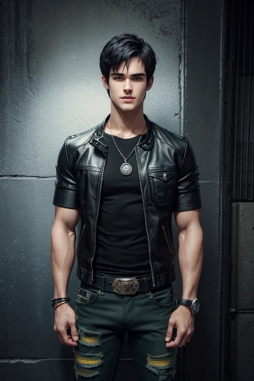 Steven R. McQueen 20 year old boy with open black jacket blue t-shirt with snow print short black hair punk style yellow locks black jeans green eyes black leather belt silver buckle muscular build slim cross medallion silver bracelet looking straight at viewer holding a harp