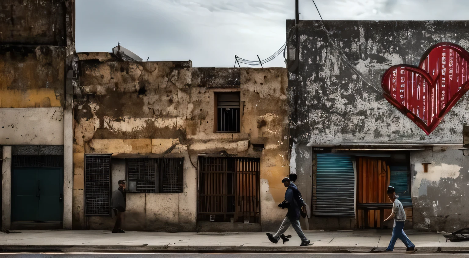 "A sad man passing by a deserted street in Estácio, Rio de Janeiro, with a mural (old wall) depicting torn hearts on an outdoor billboard. (best quality, highres), with ultra-detailed and realistic portrayal, showcasing the vibrant colors and bokeh effect. The mural is created with a mix of painting and illustration techniques, giving it an artistic touch. The street is empty, emphasizing the desolation and loneliness. The old wall showcases a weathered texture, adding character to the scene. The lighting is dramatic, casting long shadows on the wall and creating a sense of mystery. The overall color tone is somber, with a hint of melancholy. The old men walking past the mural is wearing casual attire, conveying a sense of solitude and contemplation. The mural acts as a visual representation of heartbreak and emotional vulnerability, setting a poignant tone for the artwork. The composition of the image is carefully framed to capture the essence of the deserted street and the emotional impact of the mural's imagery.