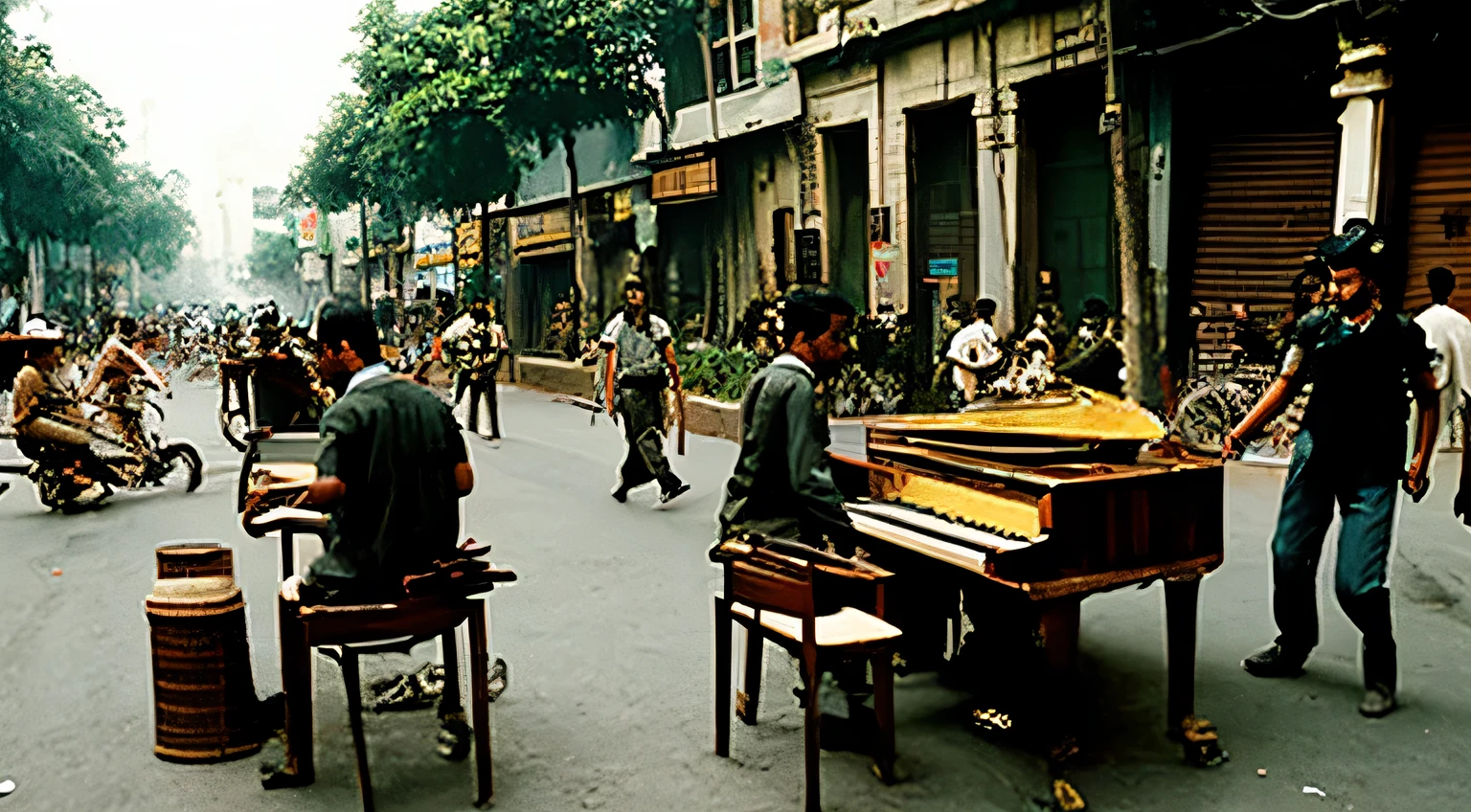 Steampunk; Rua movimentada no Nova Delhi de 1999; pessoas tocando piano na rua