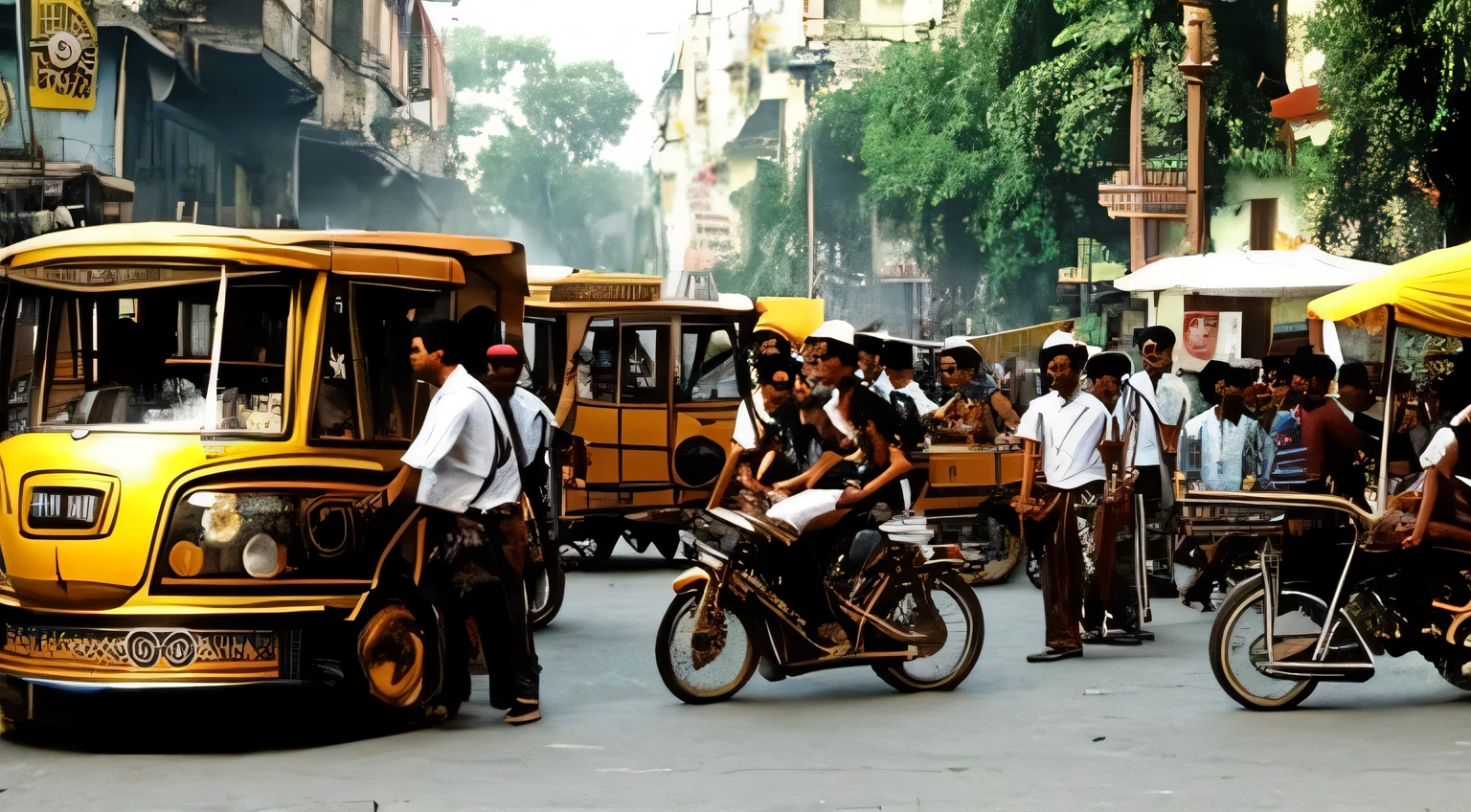 Steampunk; Rua movimentada no Nova Delhi de 1999; pessoas tocando piano na rua