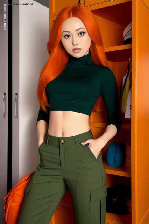 kim possible style, masterpiece, best quality, solo, 1girl, green eyes, long hair, orange hair, upper body, turtleneck, parody, indoors, , black shirt, 1girl, bare arms, bare shoulders, breasts, midriff, green eyes, highres, indoors, kim possible, kimberly ann possible, knee up, locker, locker room, long hair, midriff, cargo pants, navel, oira wa arumajiro, orange hair, small breasts, solo