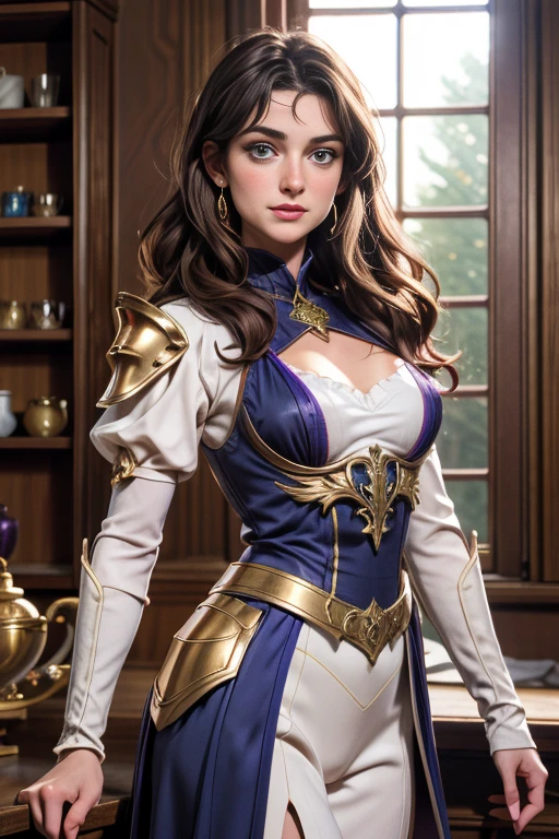 (master piece:1.5), (best quality:1.5), 8k,wallpaper, Full Body Female pony tail dark hair dark fantasy girl wearing an intricate elaborate futuristic white and blue armor with super short white mini swim suit with elaborated gold ornaments, with and gold tiara, white super short mini skirt, sexy, super hot, perfect face, wearing two big white pistols, castle entrance behind, castle at the distance, ethereal lightning, sharp focus
