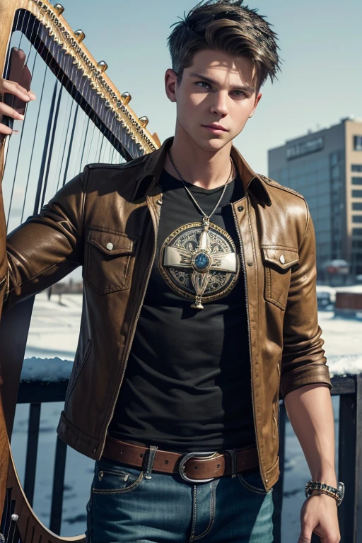 Matt Davis 20-year-old boy with open brown jacket, blue t-shirt with snow print, short black hair, punk style, yellow locks, black jeans, green eyes, black leather belt, silver buckle, slim muscular build, cross medallion, silver bracelet, looking straight at the viewer, holding a harp