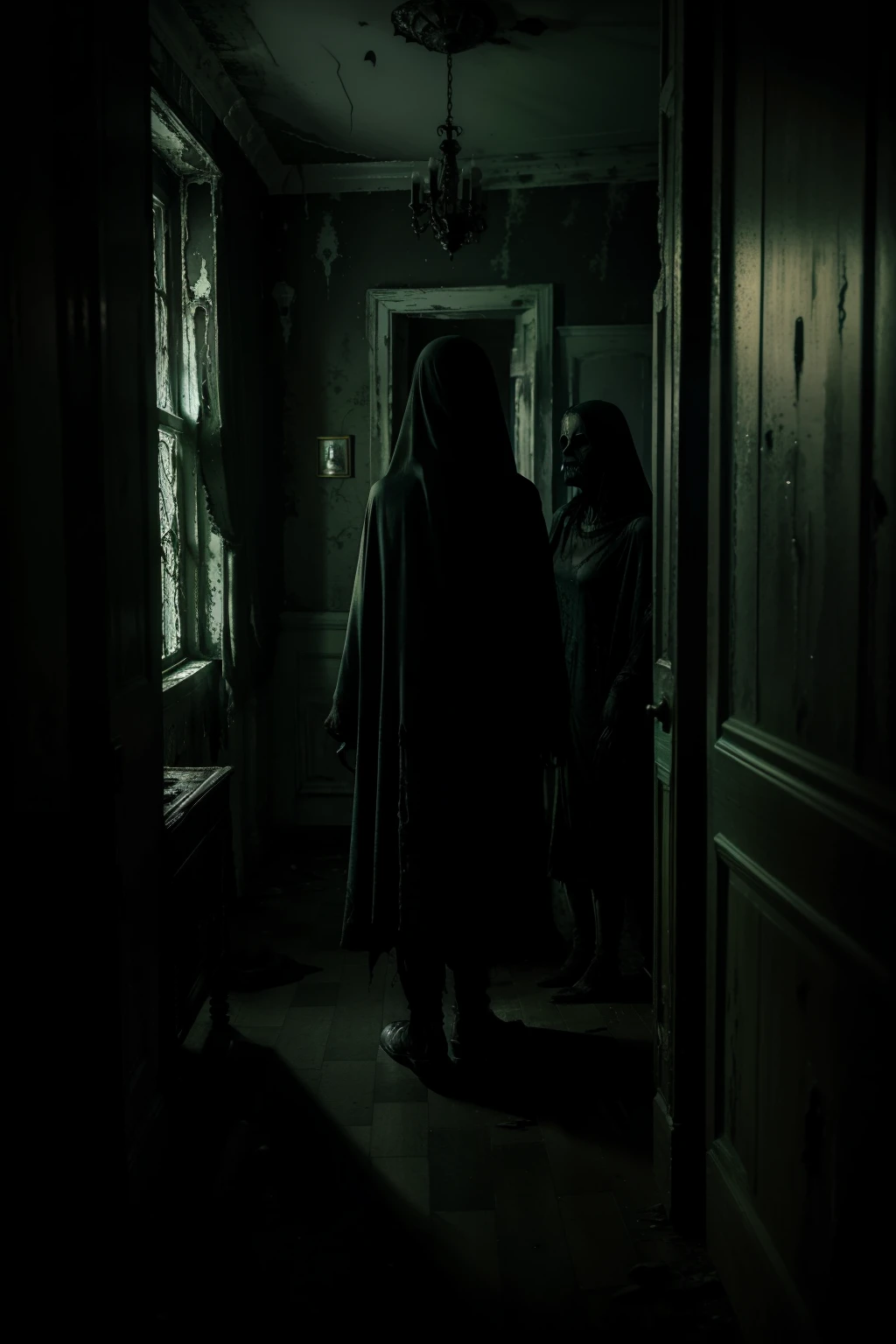 (Best quality, High definition, ultra-detailed: 1.1), Dark and eerie photo of a haunted hotel, ghostly apparitions, horror and fear permeating the atmosphere, haunted and abandoned, creaky doors, peeling wallpaper, dimly lit corridors, dusty furniture, shattered windows, aged and decayed, a sense of foreboding, old and ominous, (scary: 1.5), (ghostly faces: 0.8), long exposures, capturing the essence of the supernatural, (haunted: 1.4), (shallow depth of field: 0.6), ghostly figures lurking in the