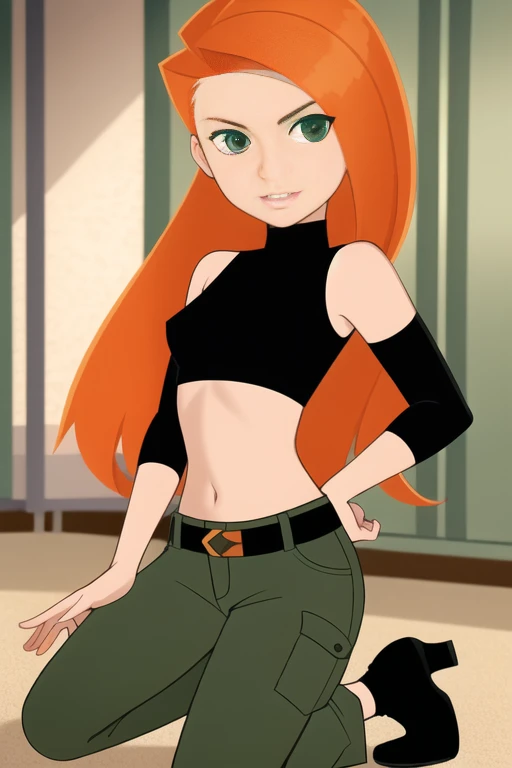 kim possible style, masterpiece, best quality, solo, 1girl, green eyes, long hair, orange hair, upper body, turtleneck, parody, indoors, , black shirt, 1girl, bare arms, bare shoulders, breasts, midriff, green eyes, highres, indoors, kim possible, kimberly ann possible, knee up, locker, locker room, long hair, midriff, cargo pants, navel, oira wa arumajiro, orange hair, small breasts, solo
